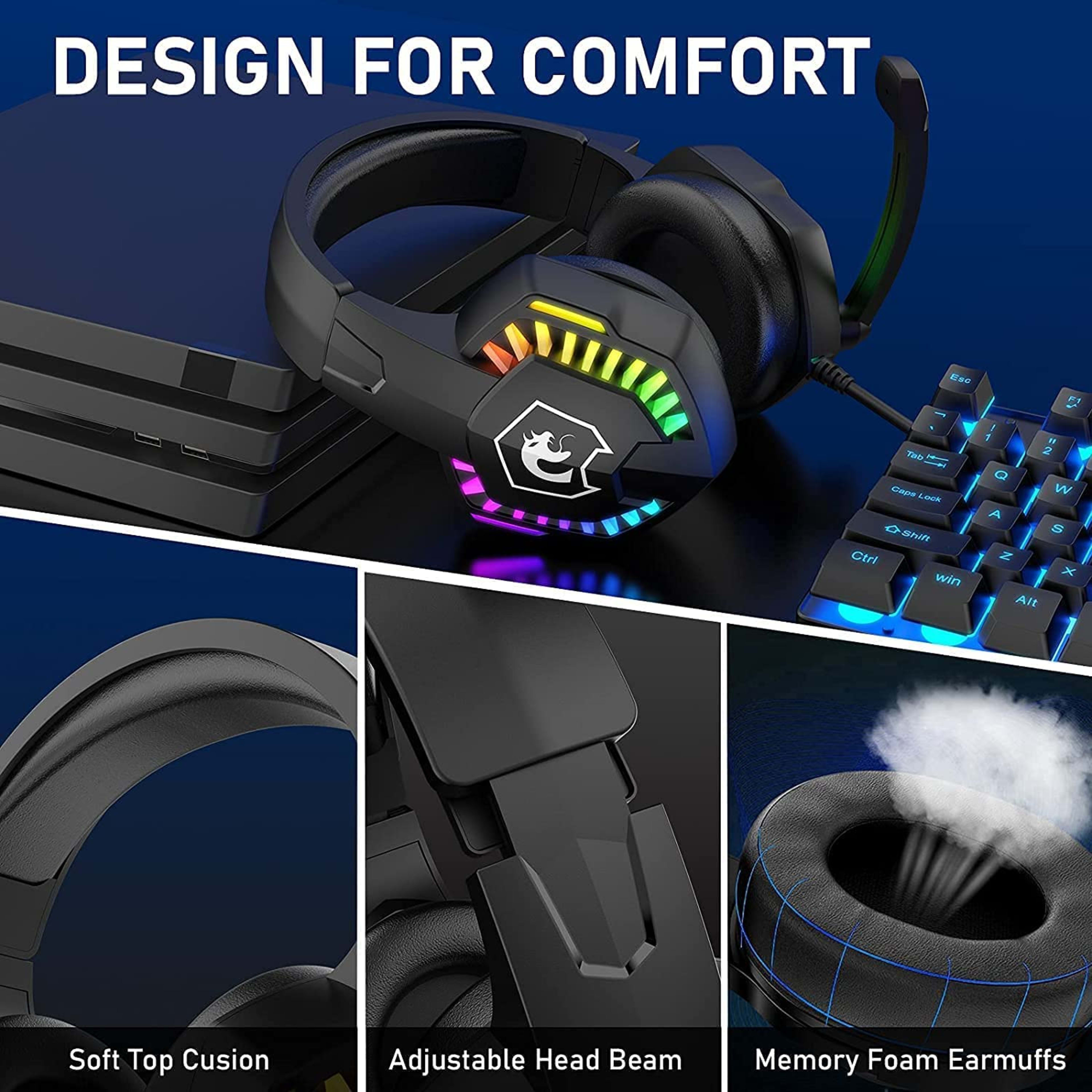 Wired Gaming Headset With Rainbow RGB Backlight Retractable Stereo Sound For PS4 8
