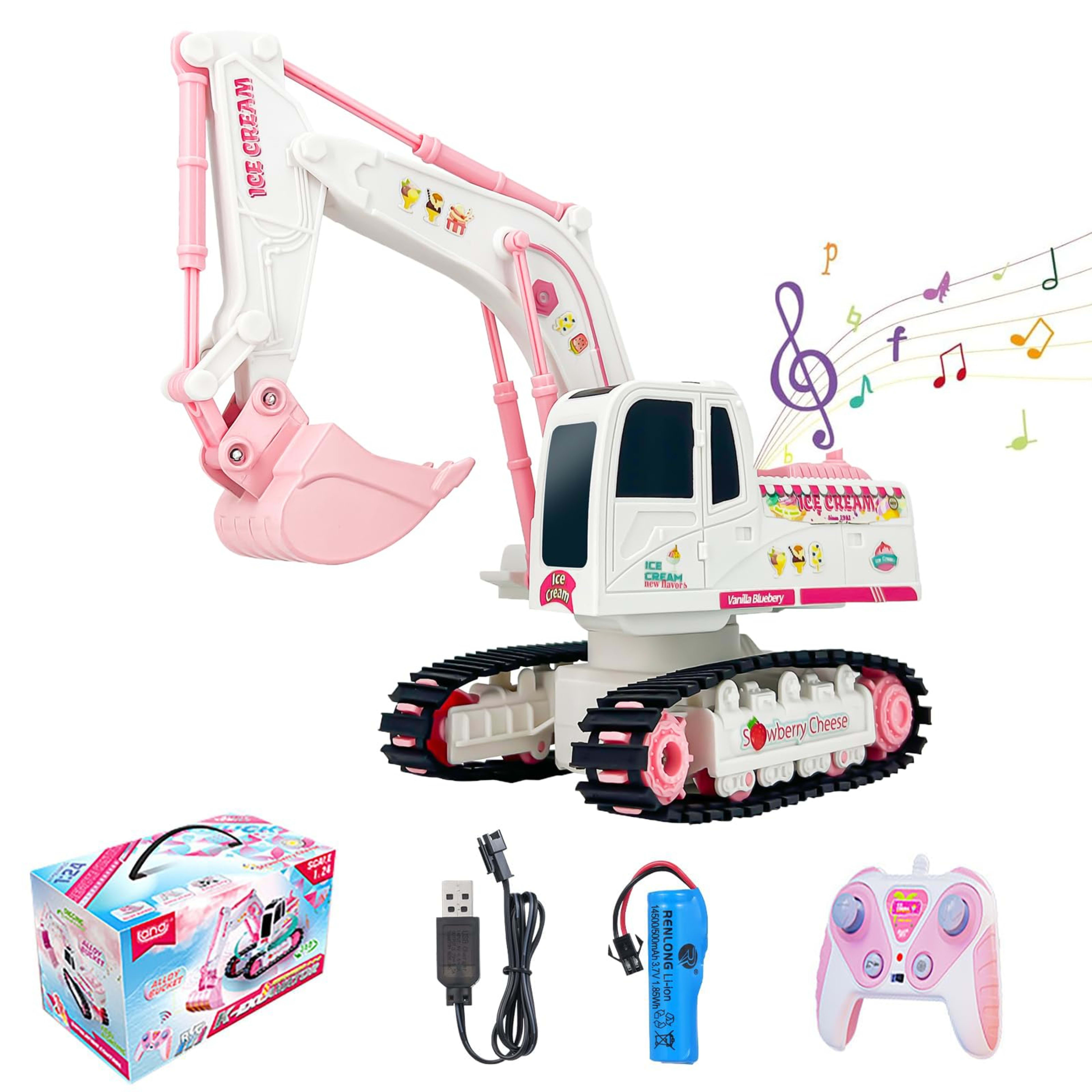 Pink Remote Control Excavator Toy Rechargeable Tracked Construction Vehicle With Lights And Music  Suitable For Girls An 11