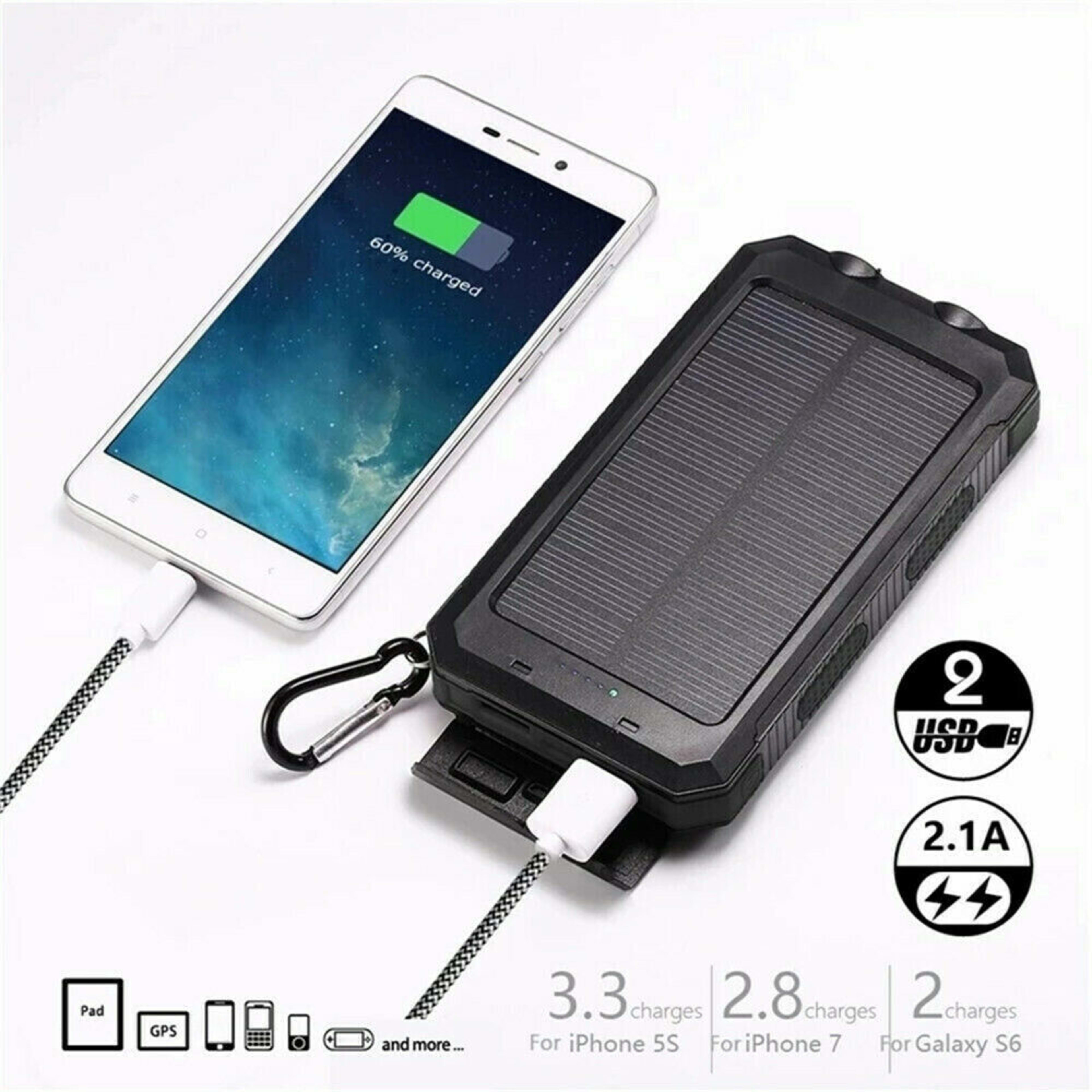 1o000 MAh Solar Power Bank, Waterproof, 2 USB Ports, LED Charger For Mobile Phones 3