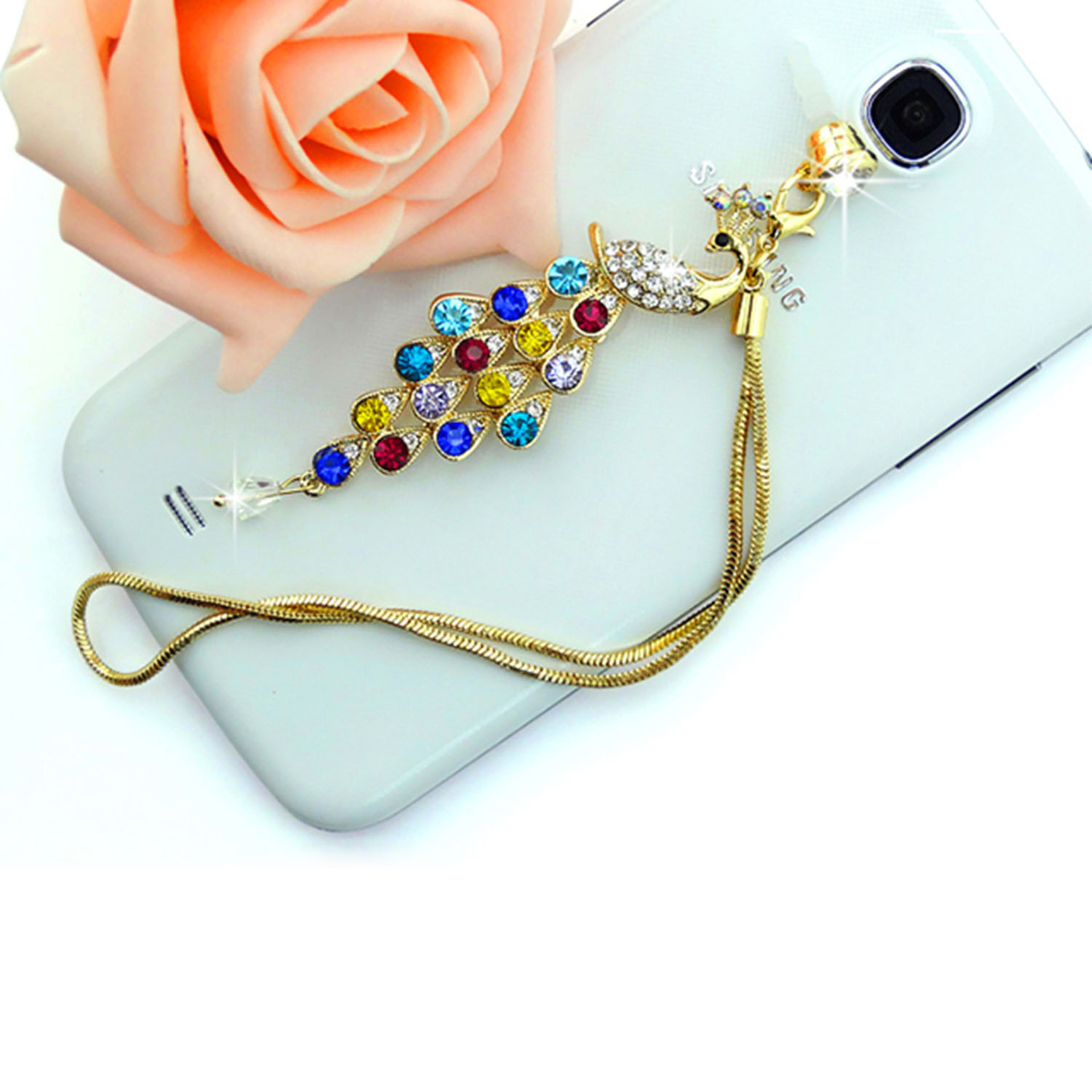 Colorful Crystal Diamond Peacock Dust Cap Pendant For Cell Phone 3.5mm Jack 4