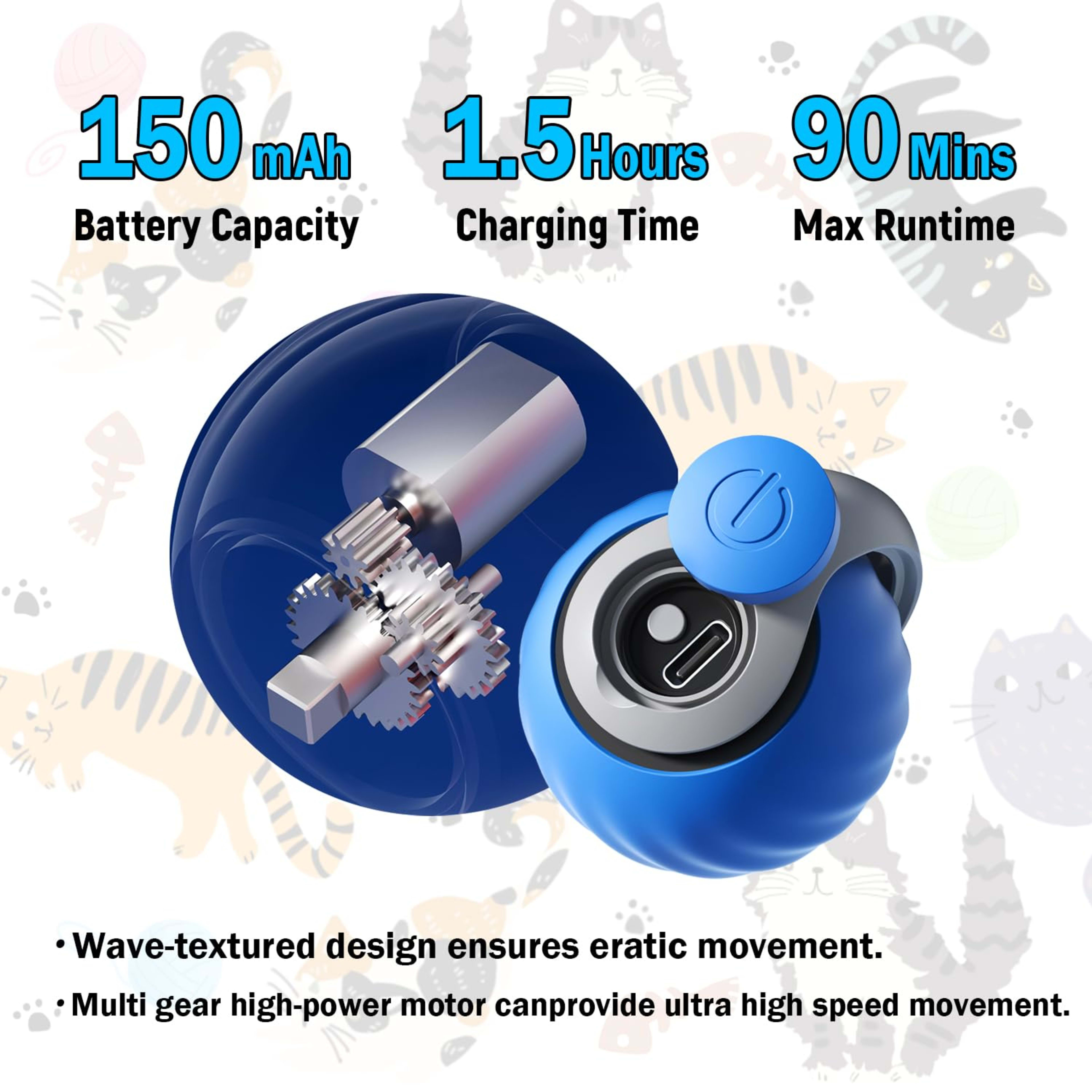 Interactive Cat Toy Ball - Automatic Interactive Cat Toys For Indoor Cats, Rechargeable 2 Speeds Enrichment Toys With 2  7
