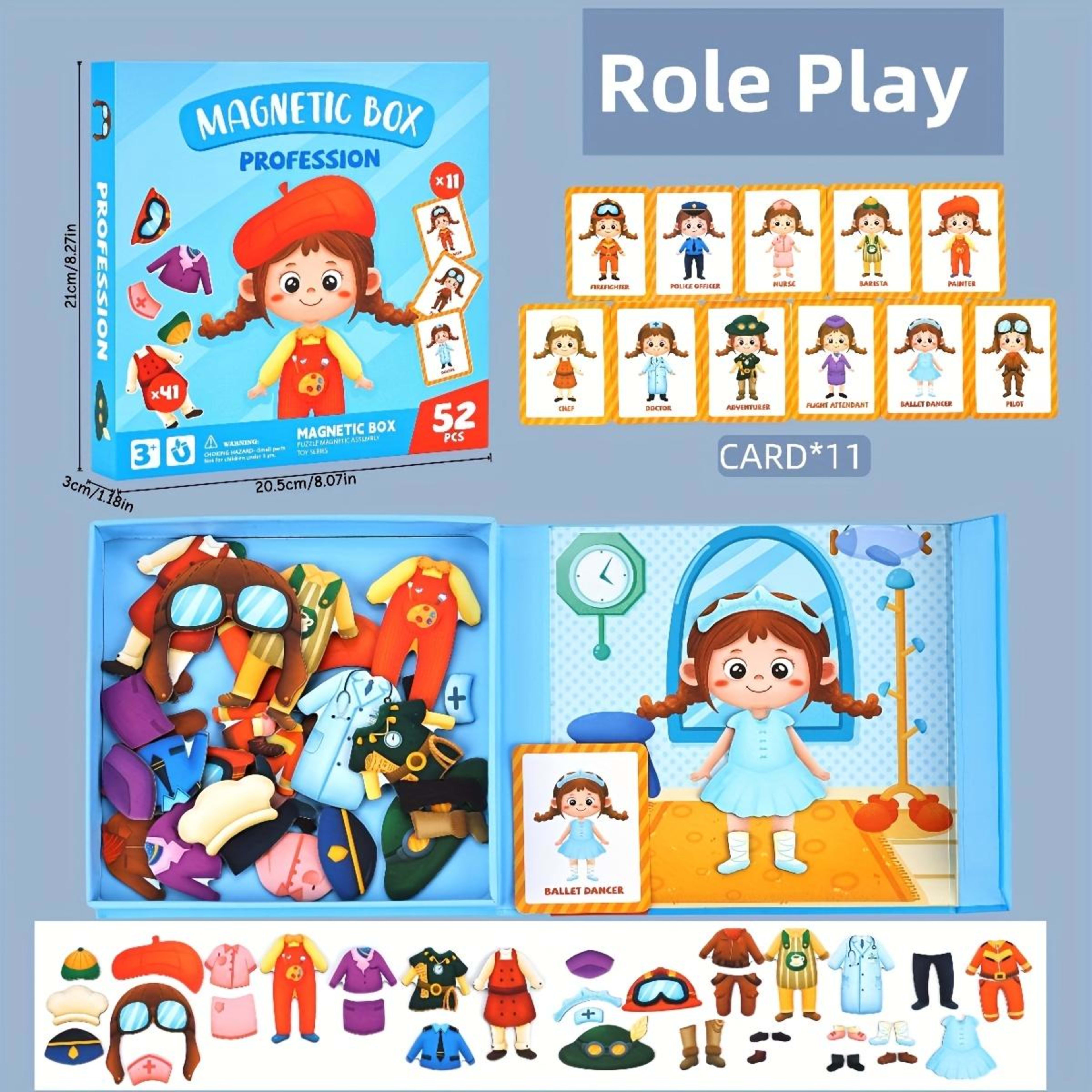 Blue Princess Dress-Up Puzzle Toy  Portable Magnetic Case With 11 Cards & 41 Puzzle Pieces Creative Role-Play Toy For Ki 6