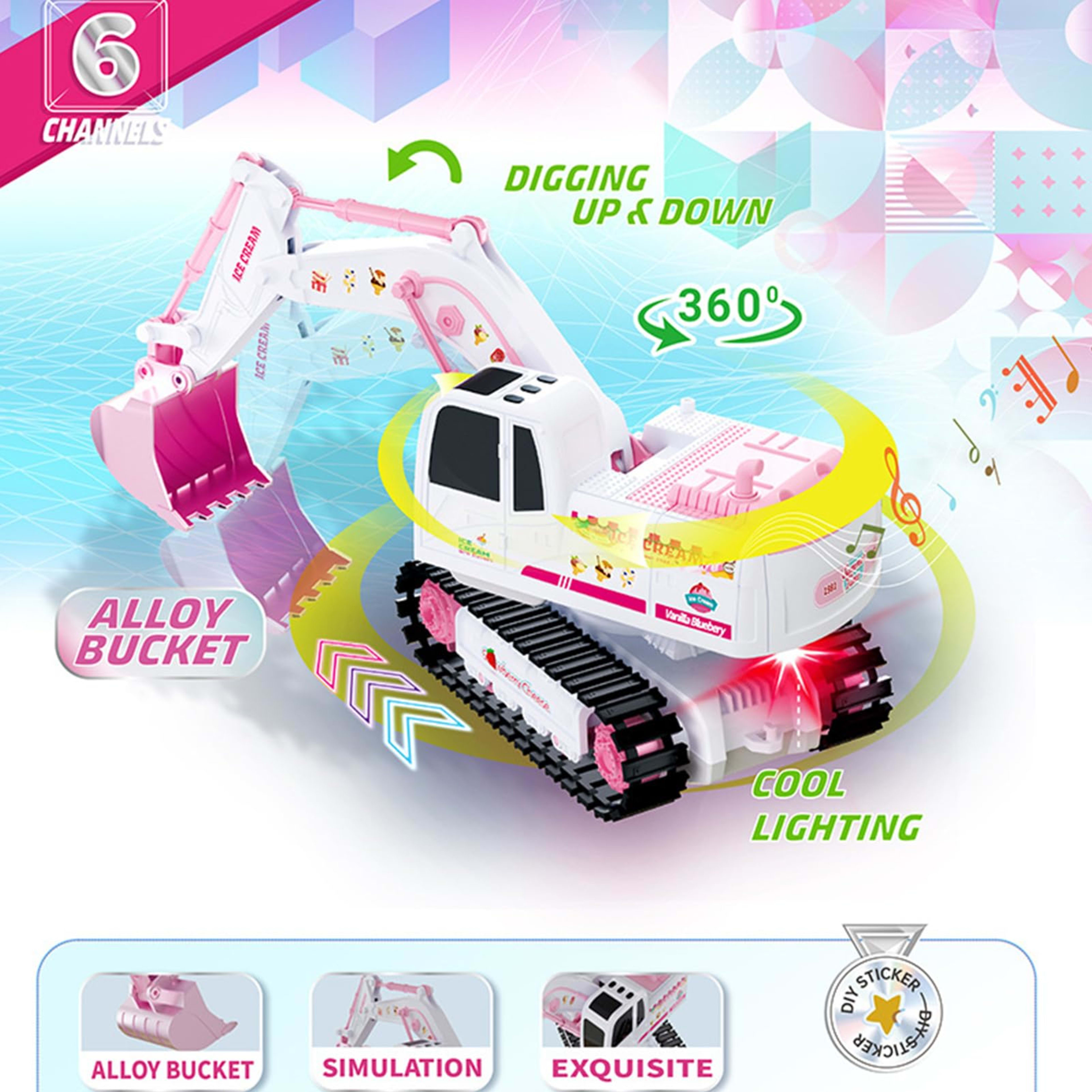 Pink Remote Control Excavator Toy Rechargeable Tracked Construction Vehicle With Lights And Music  Suitable For Girls An 16