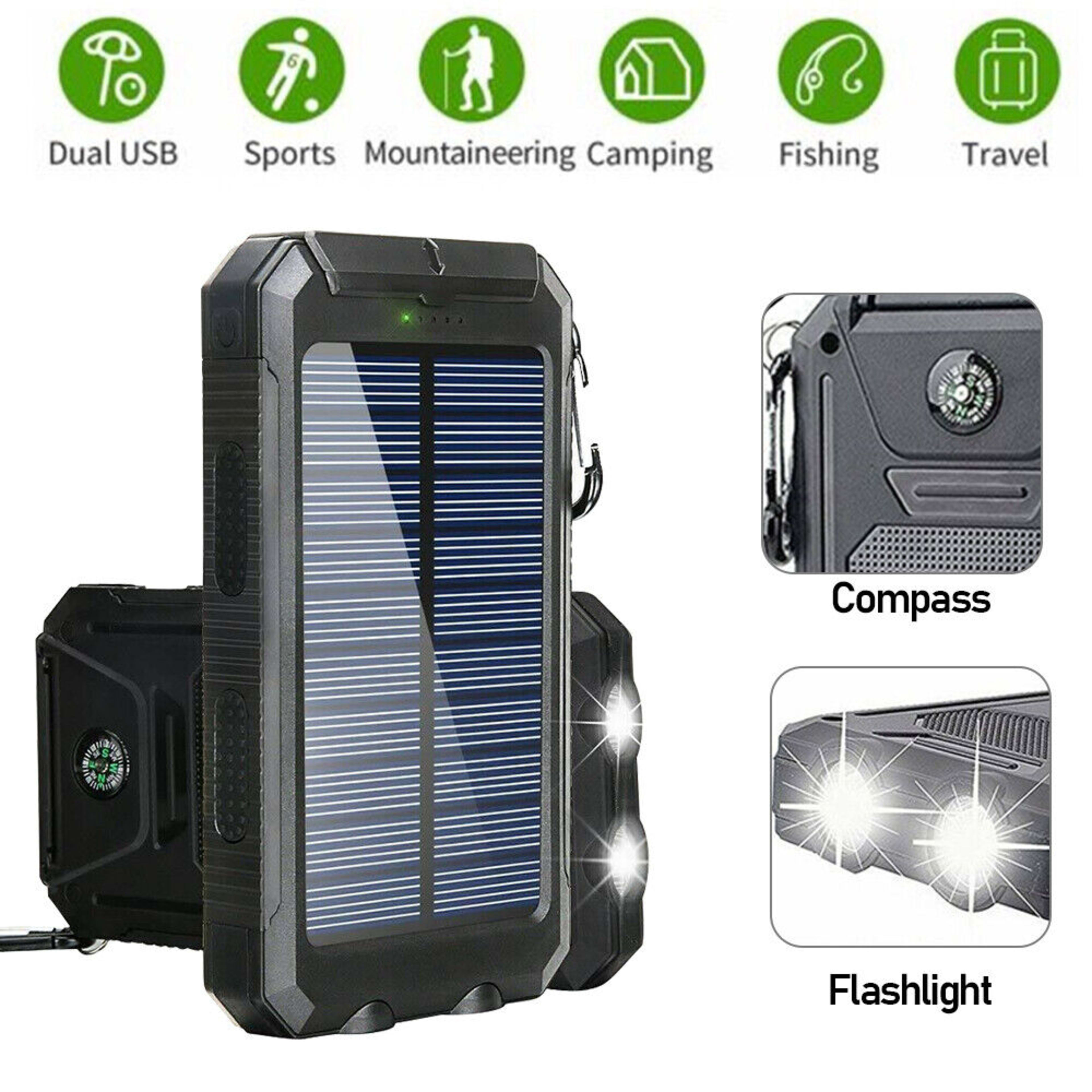 1o000 MAh Solar Power Bank, Waterproof, 2 USB Ports, LED Charger For Mobile Phones 12