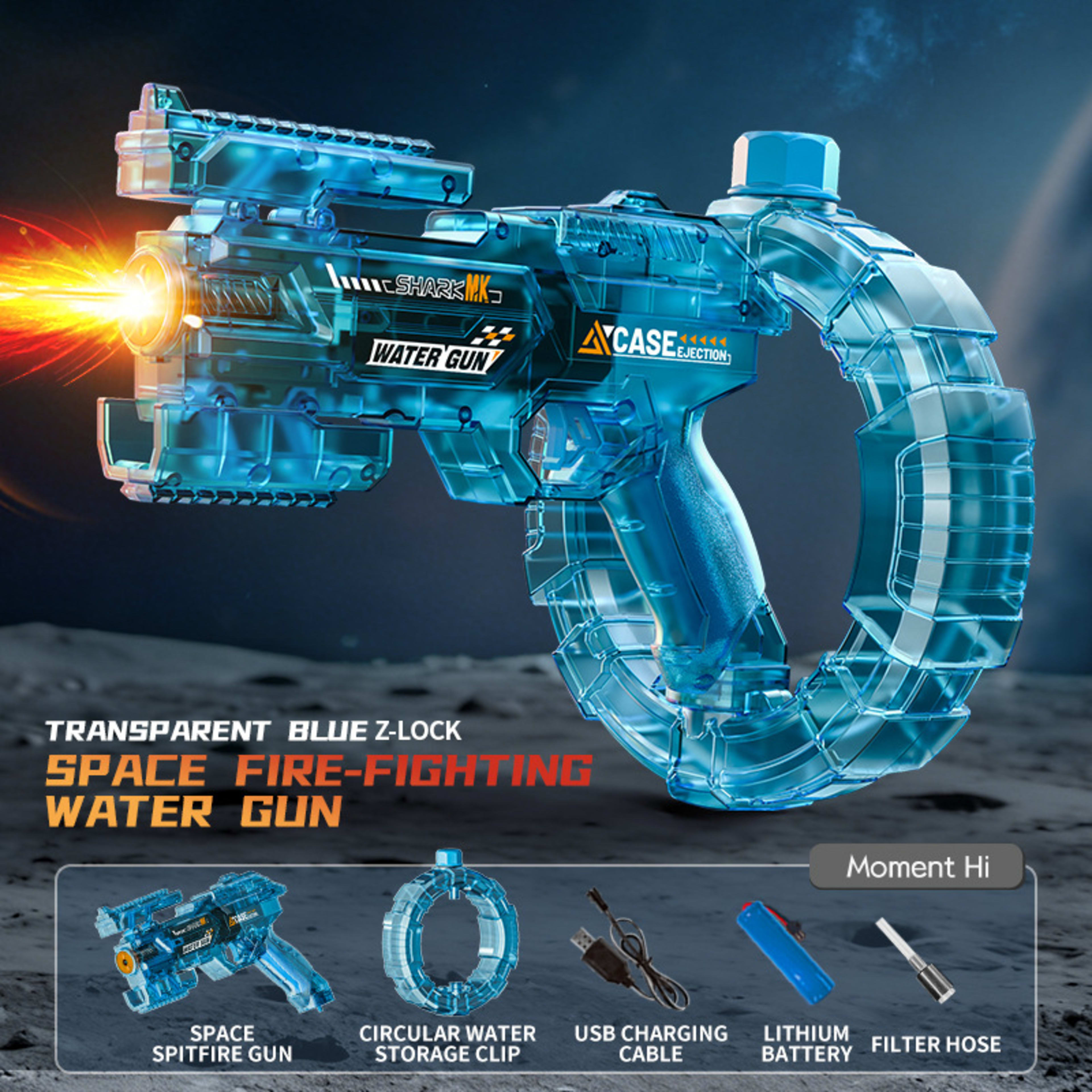 Kids Space Electric Water Gun, Transformable Design With Energy Gathering Ring, Flashing Light & Sim Recoil, Large Capac 6