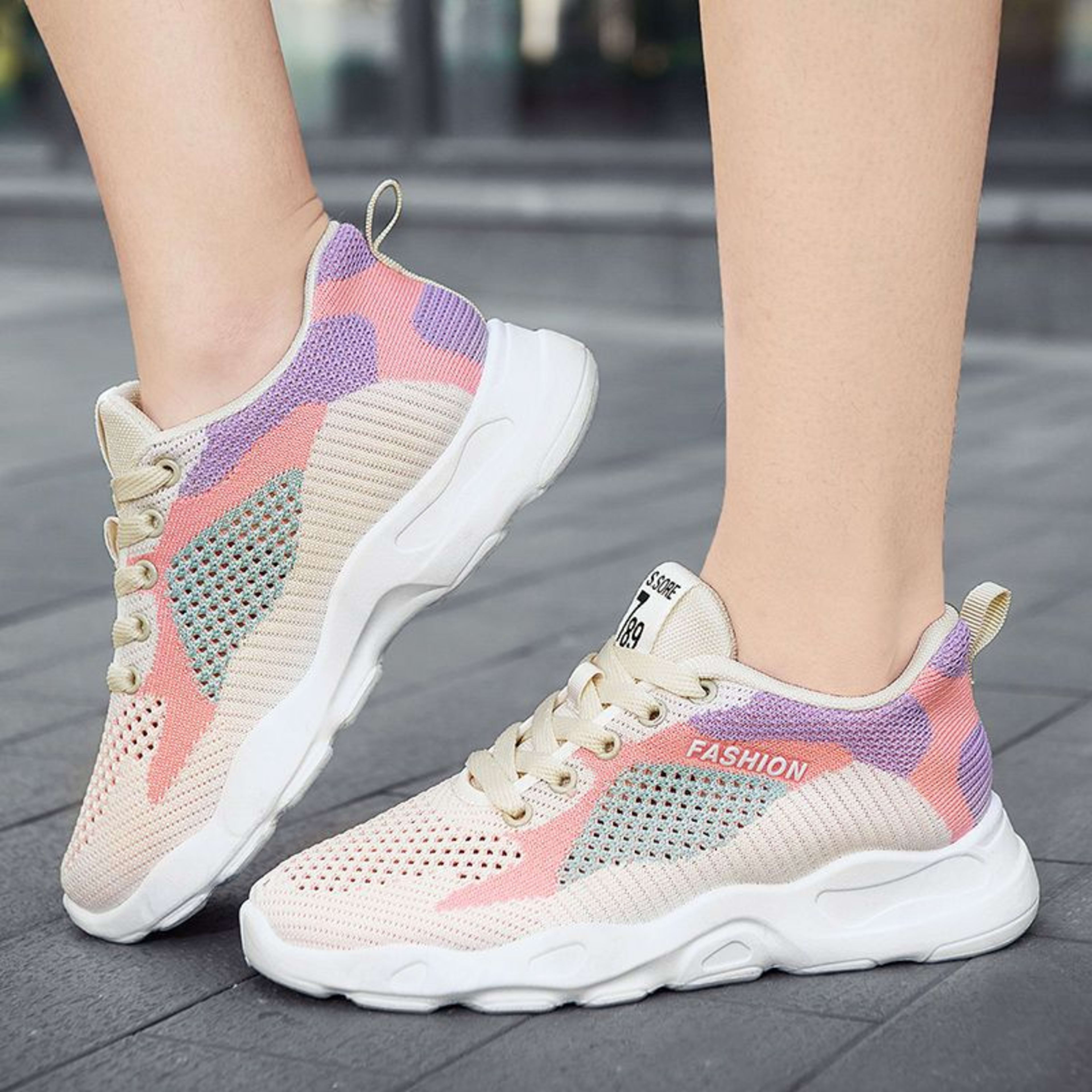 Casual Colorblock Lace-up Sneakers Women Versatile Breathable Lightweight Walking Running Shoes 1