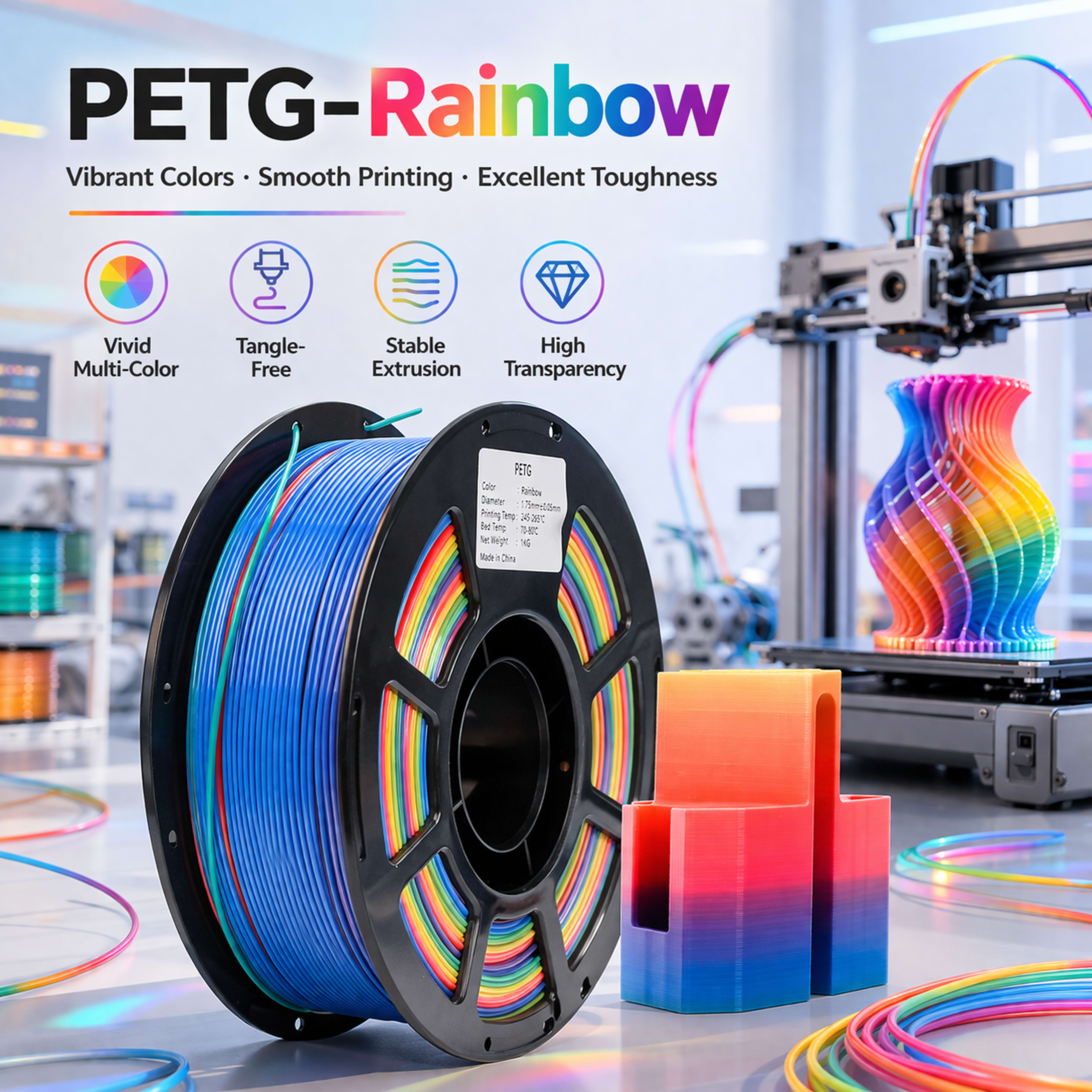 Rainbow Gradient PETG Filament For 3D Printers, Multicolor Color Changing Printing Material, Compatible With Most FDM Pr 5