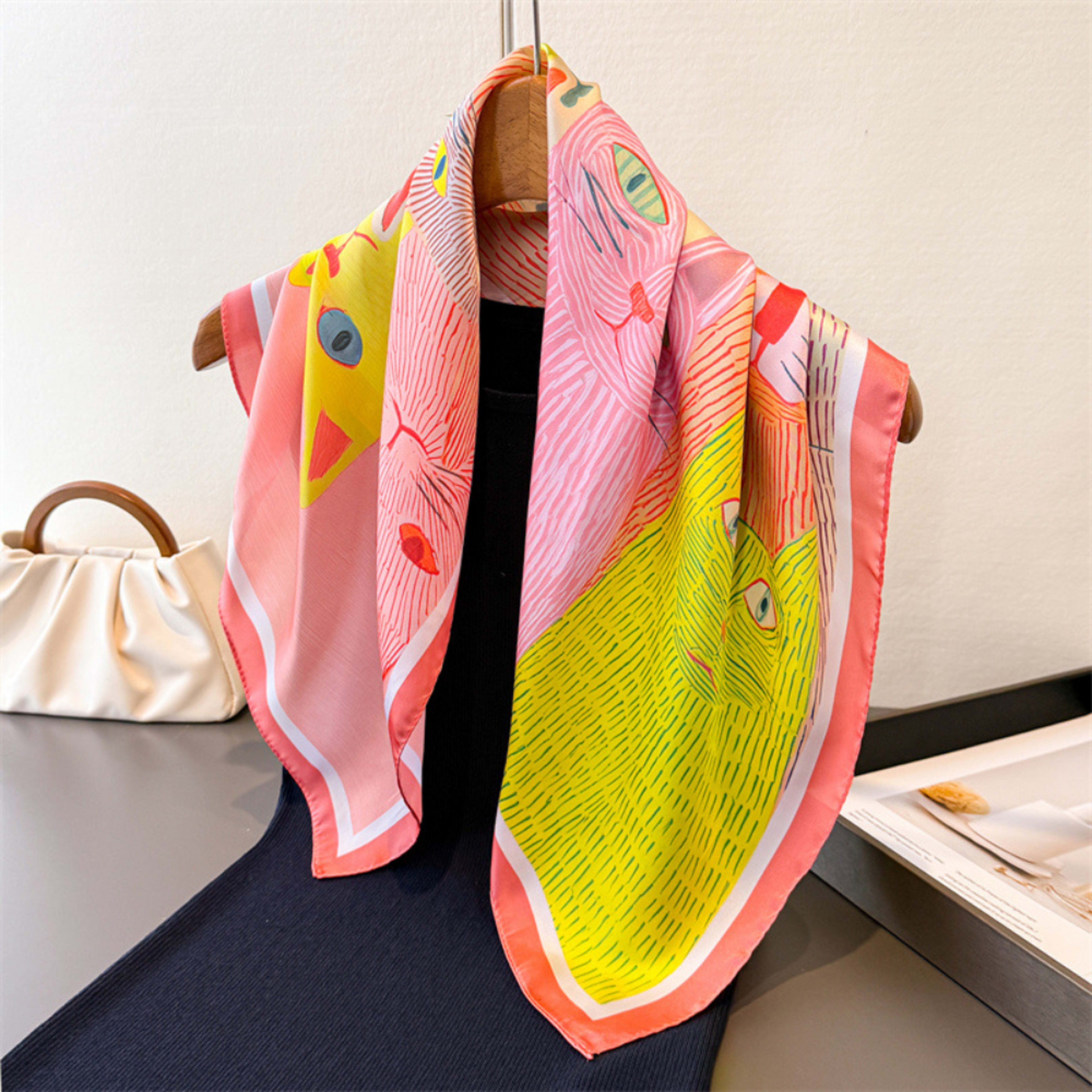 Cartoon-printed Cat Small Square Scarf With Silk Satin Surface. Cute Animal Print Decorative Headscarf. Fashionable And  3