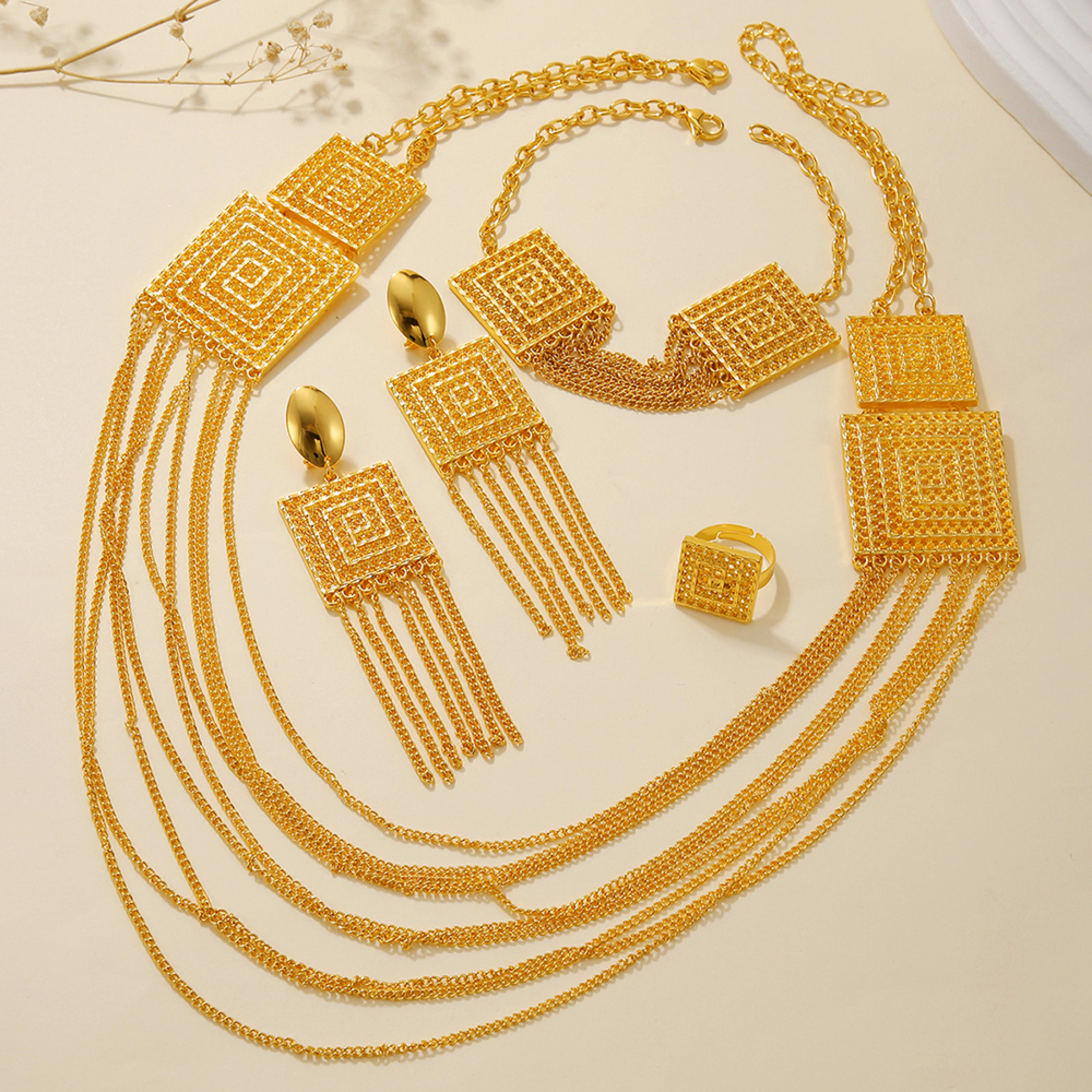 5pcs Fashion Ladies 18k Gold Plated Jewelry Set Tassel For Holiday Wear, Wedding Scene Jewelry, Multi-layered Temperamen