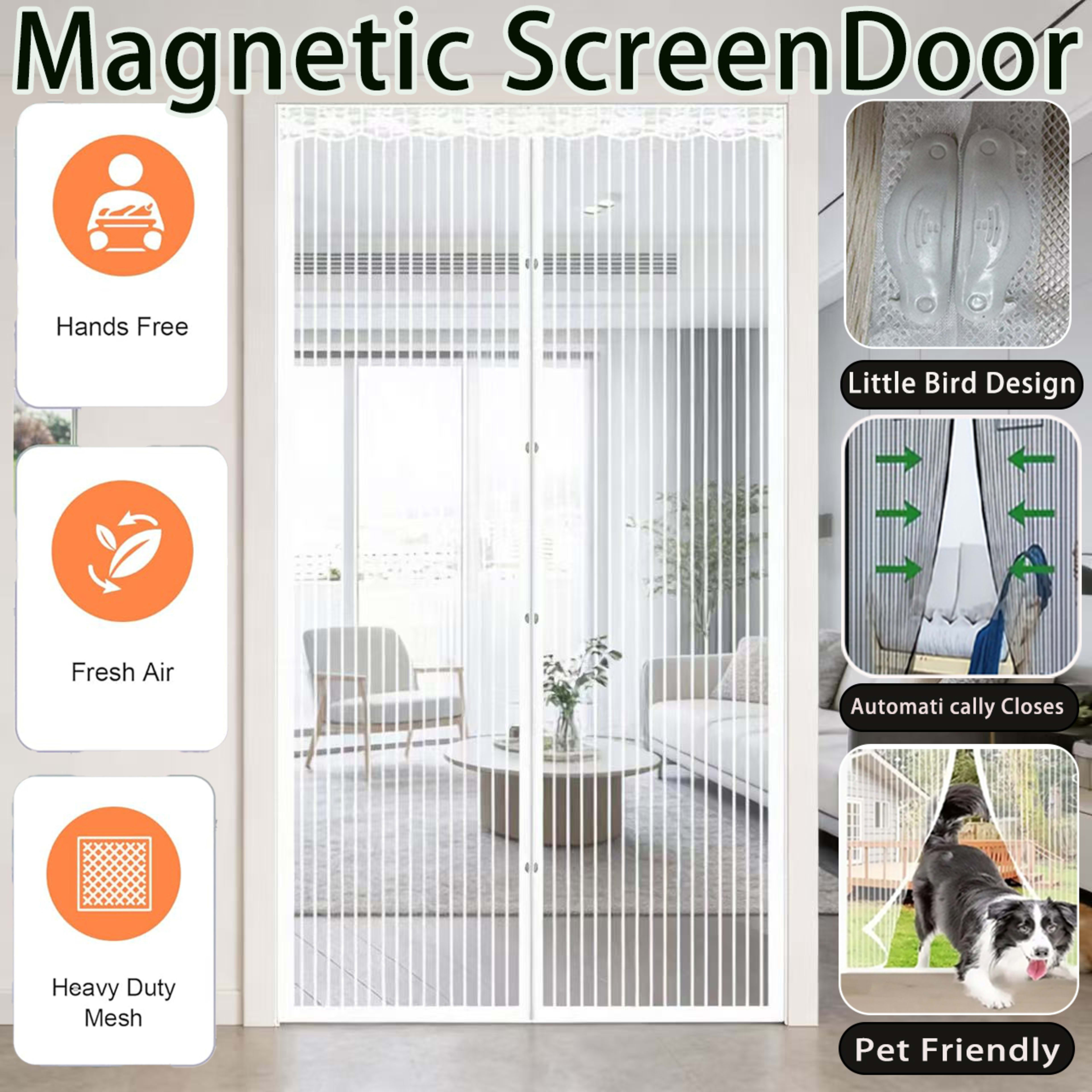Summer Magnetic Screen Door - White Striped, Easy To Install, Strong Magnet, Automatically Closes Mosquito Net Curtain,  6