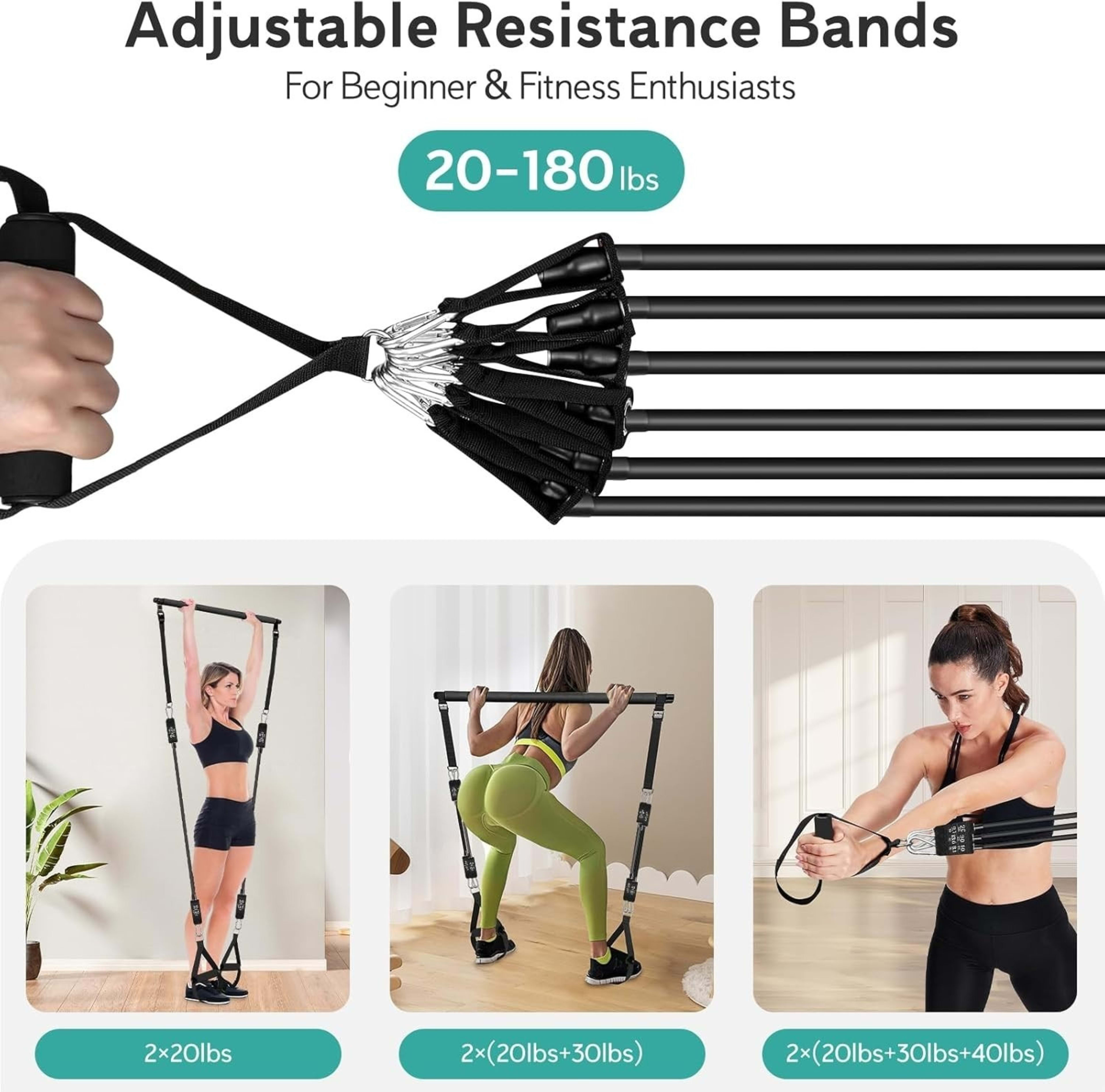 Pilates Bar Kit With 6 Resistance Bands Home Gym Fitness Training Workout Set 4