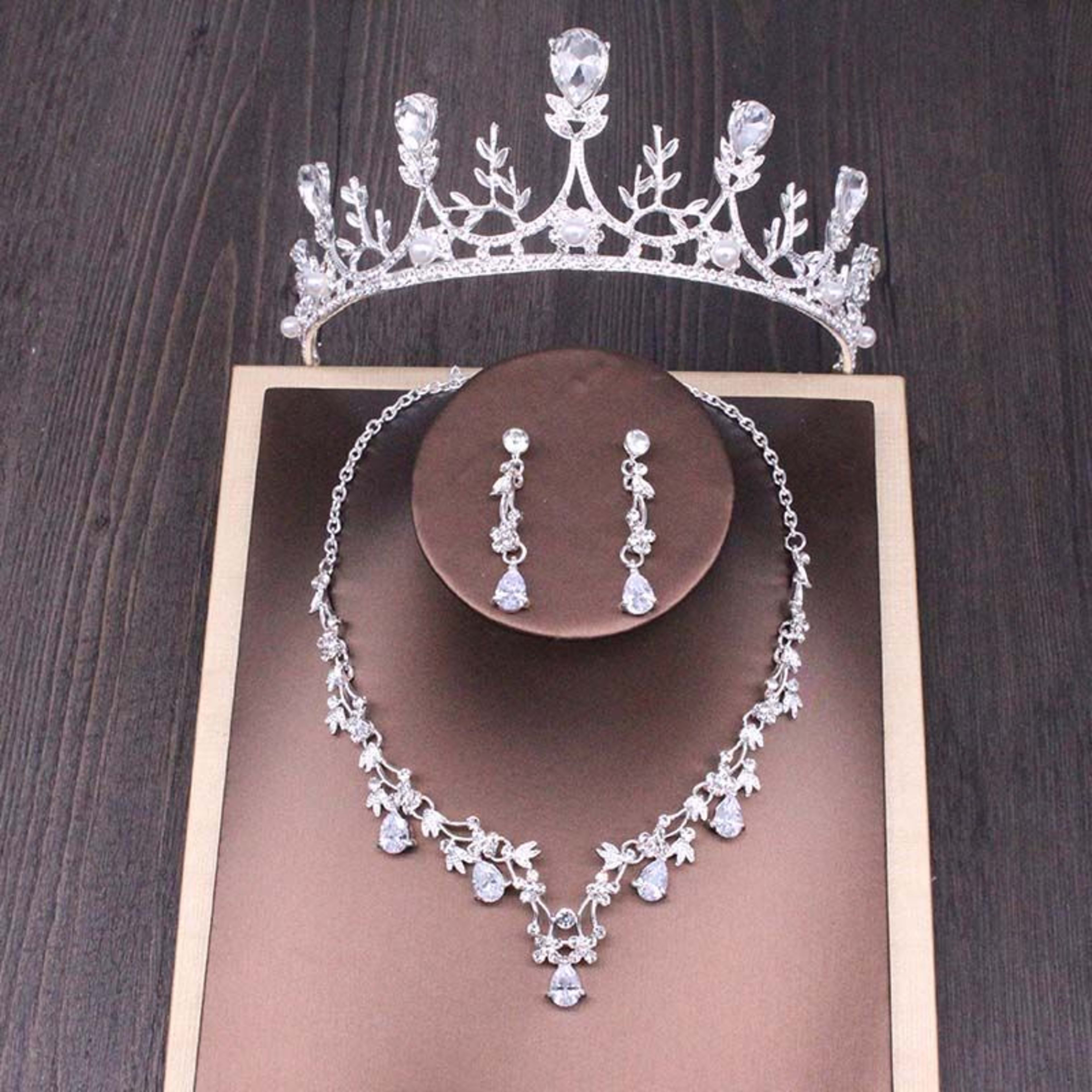 Bridal Rhinestone Crown Necklace Set Wedding Accessories 4