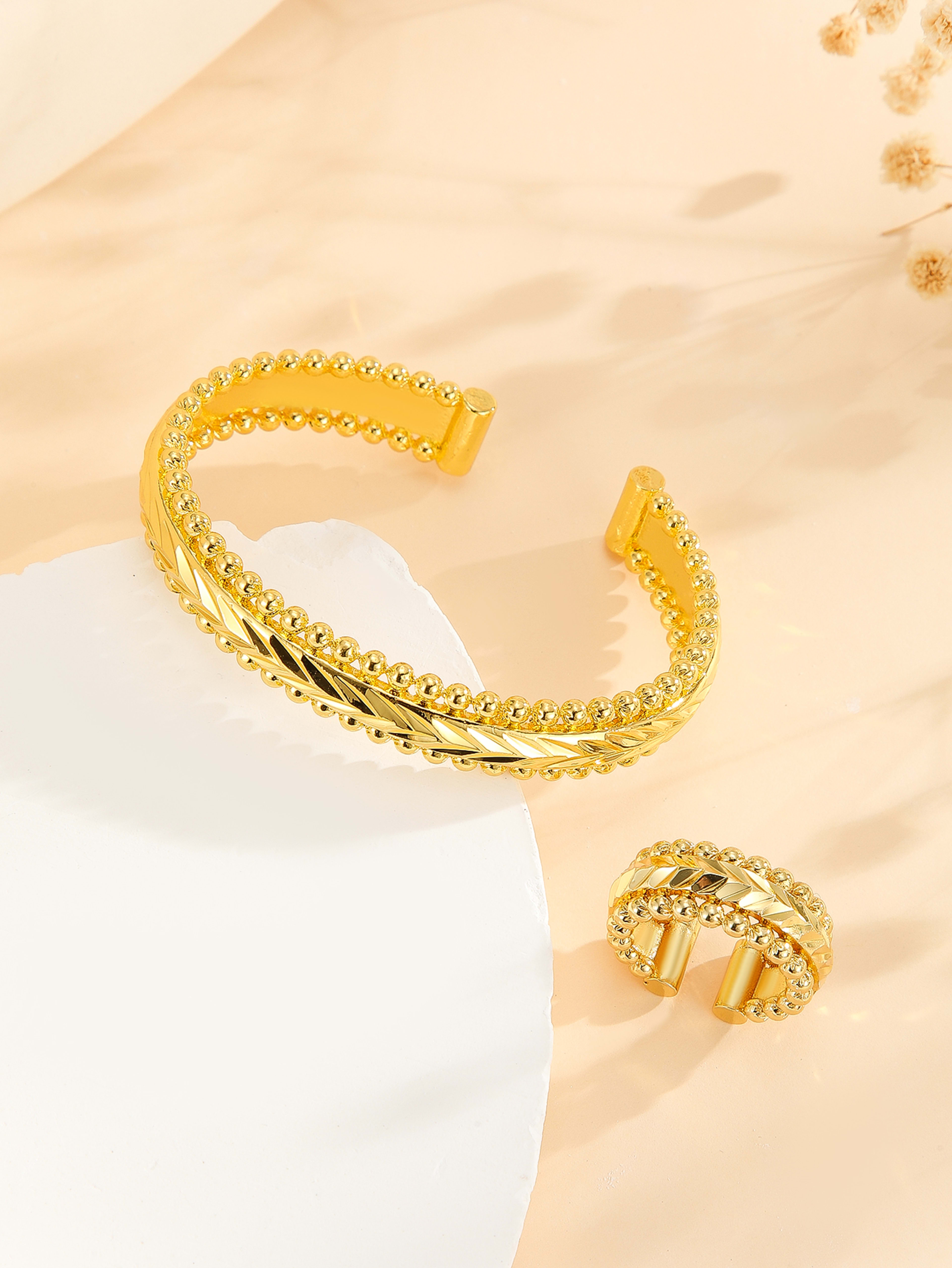 2pcs Vintage Gold Plated Bracelet, Open Bracelet Ring Jewelry, Women's Festival Wedding Jewelry Set 2