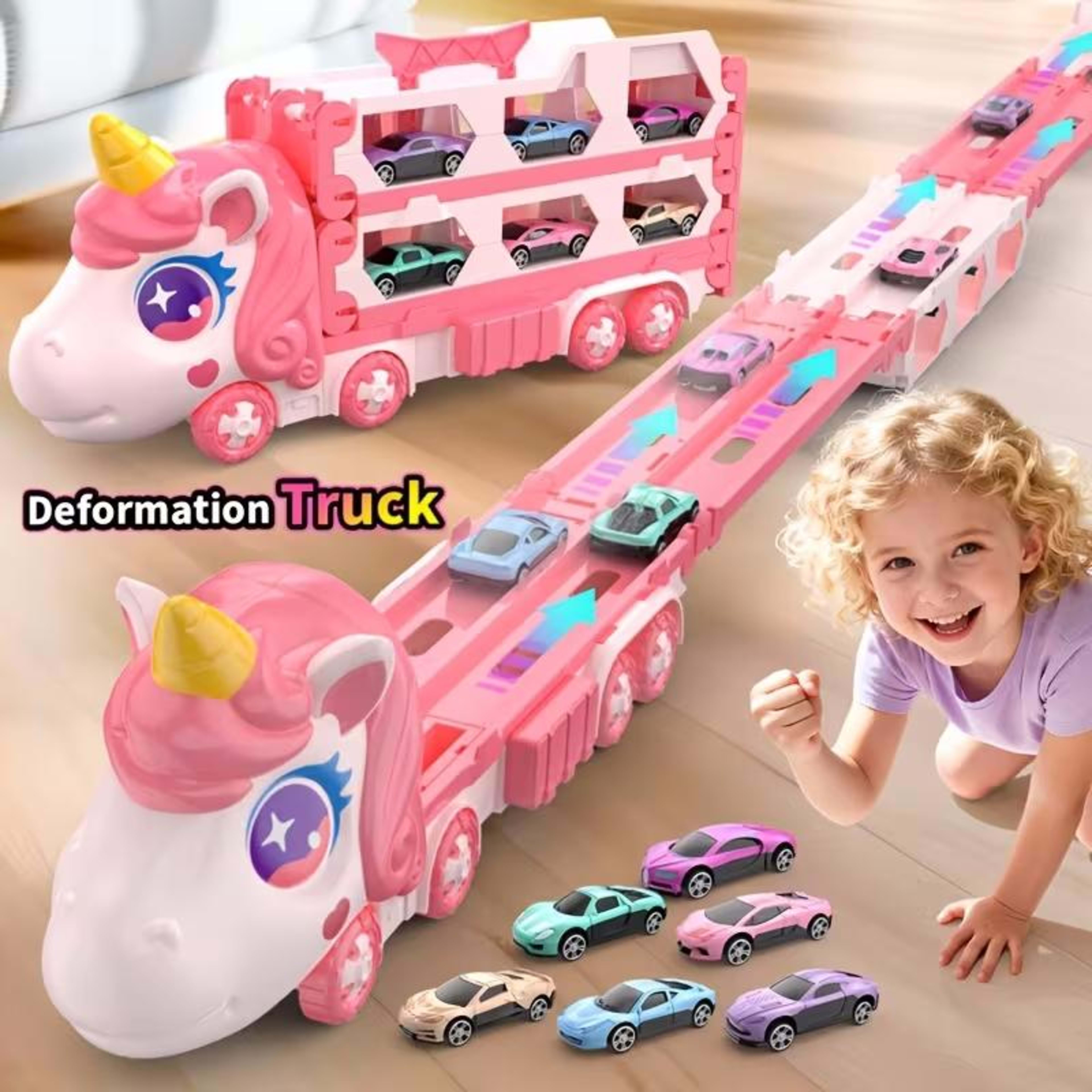 Cute  Transforming Truck Toy Expandable Racetrack & Vehicle Storage Set Portable Carrier With Mini Cars Toy For Girls Ag 6