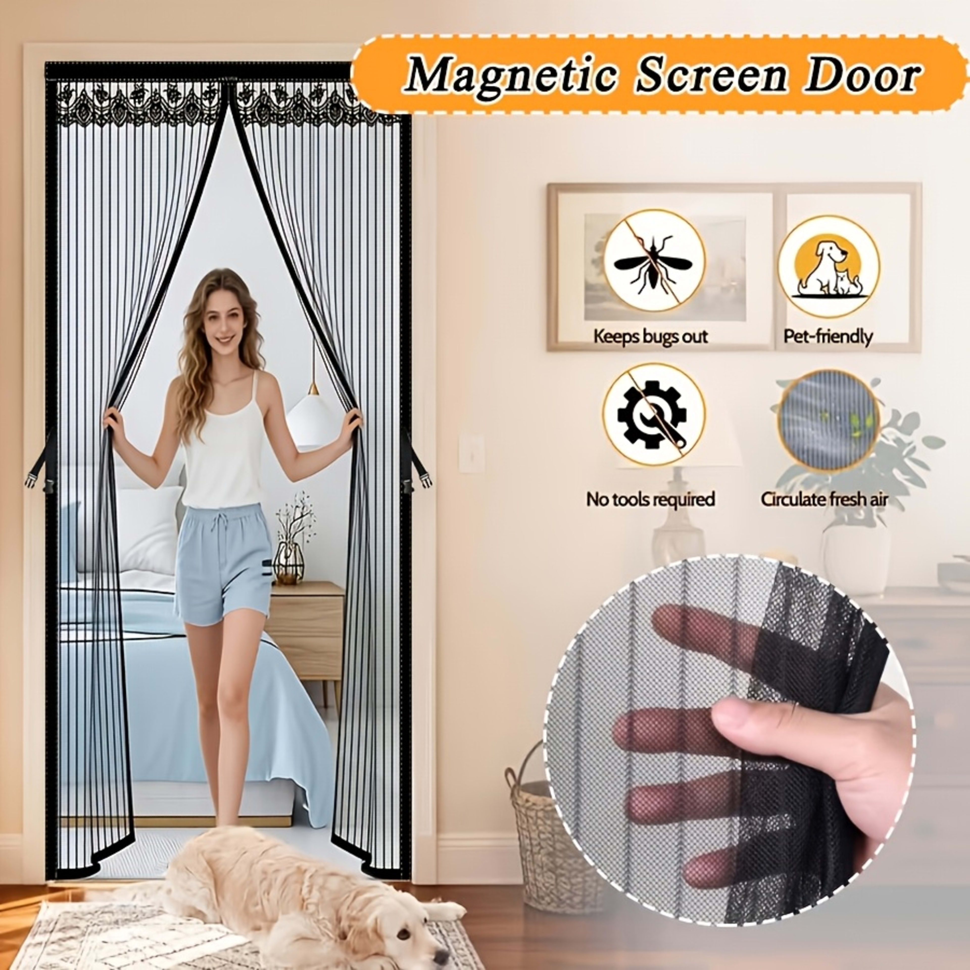 1pc Magnetic Screen Door, Mosquito And Fly Proof Door Curtain, Easy To Install, Top Lace Design & Storage, Pet Friendly, 7