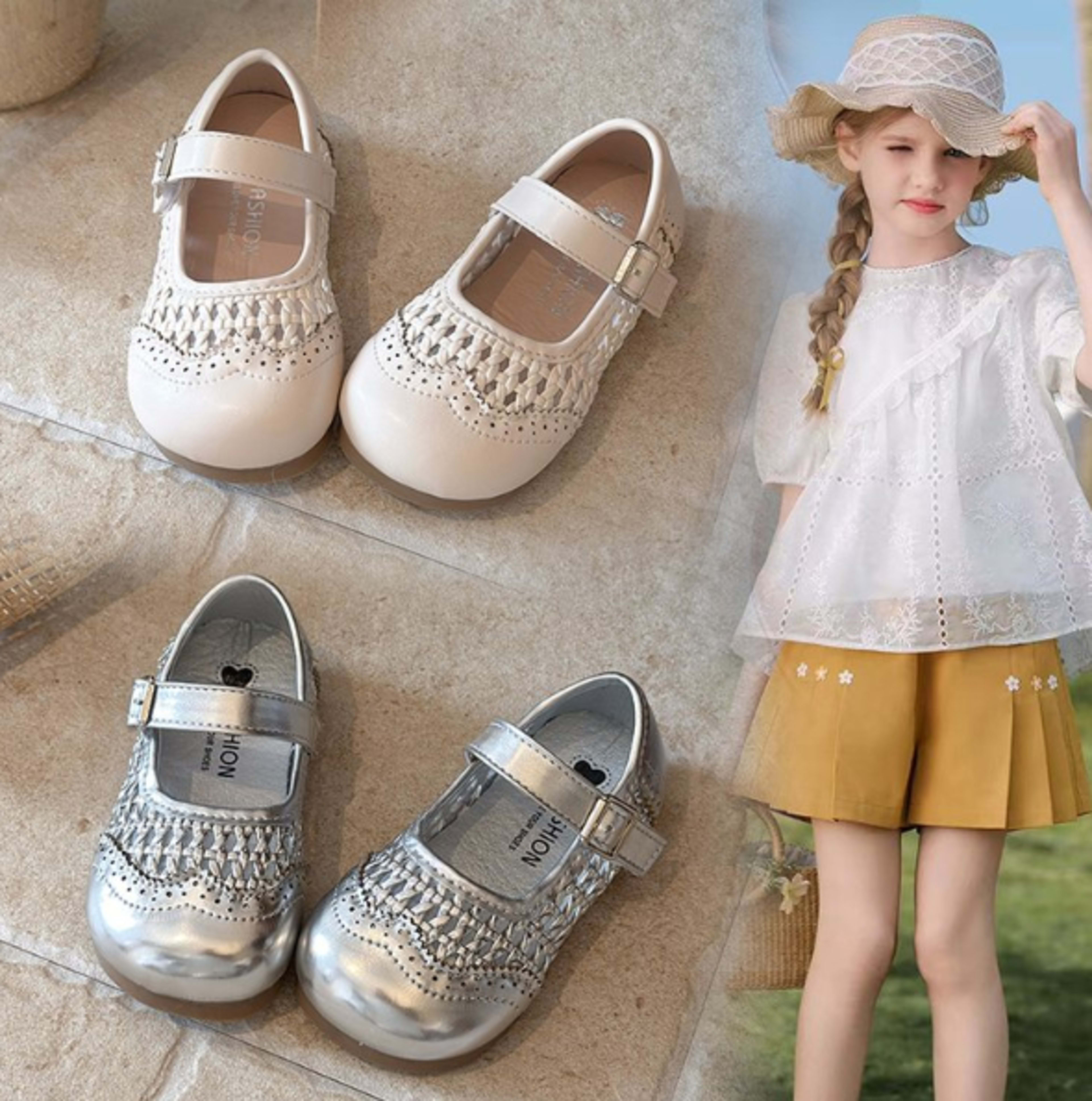 2026 Spring Summer New Korean Style Girls Hollow Out Leather Sandals, Woven Style Princess Shoes, Kids Soft Sole Breatha 3