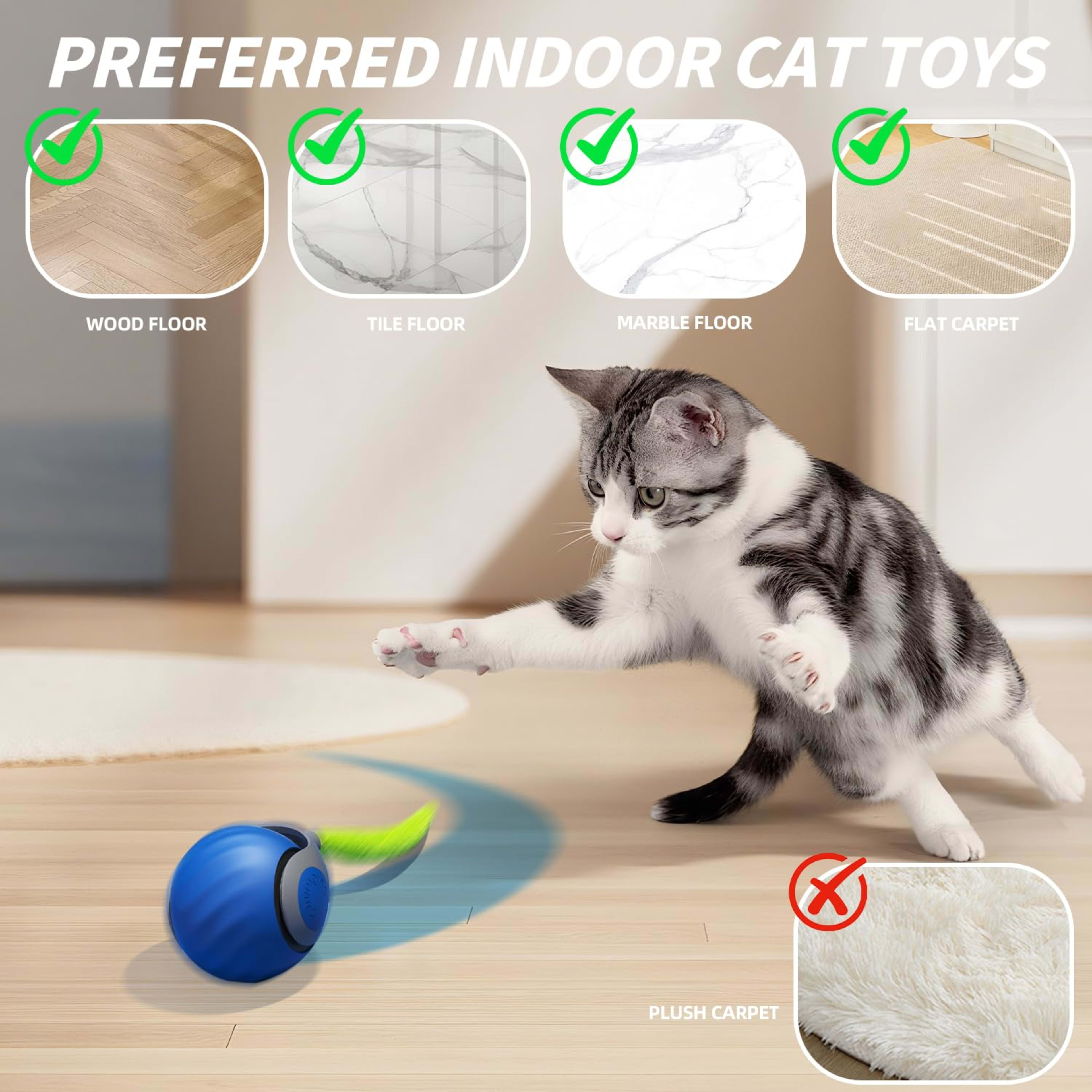 Interactive Cat Toy Ball - Automatic Interactive Cat Toys For Indoor Cats, Rechargeable 2 Speeds Enrichment Toys With 2  6