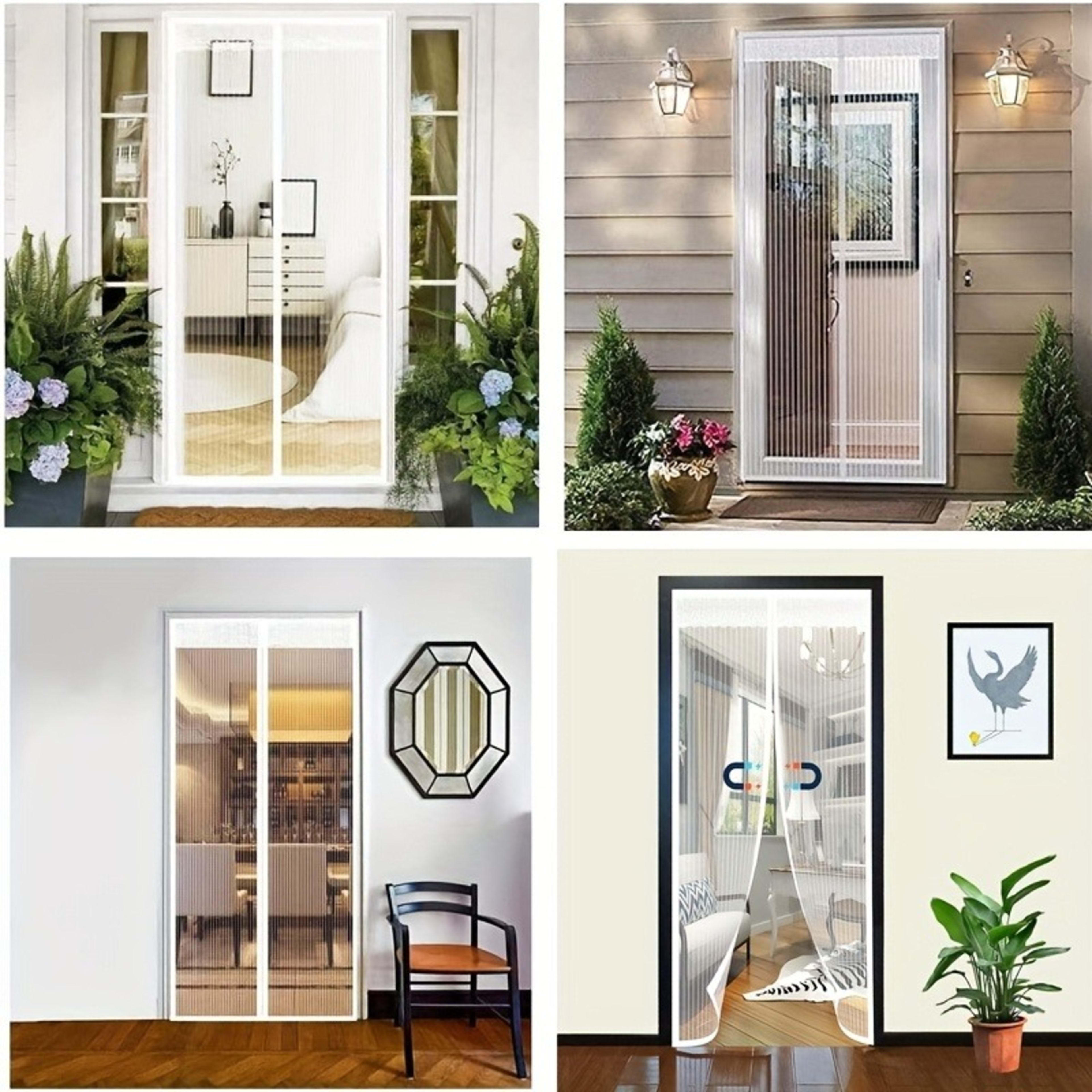 Summer Magnetic Screen Door - White Striped, Easy To Install, Strong Magnet, Automatically Closes Mosquito Net Curtain,  9
