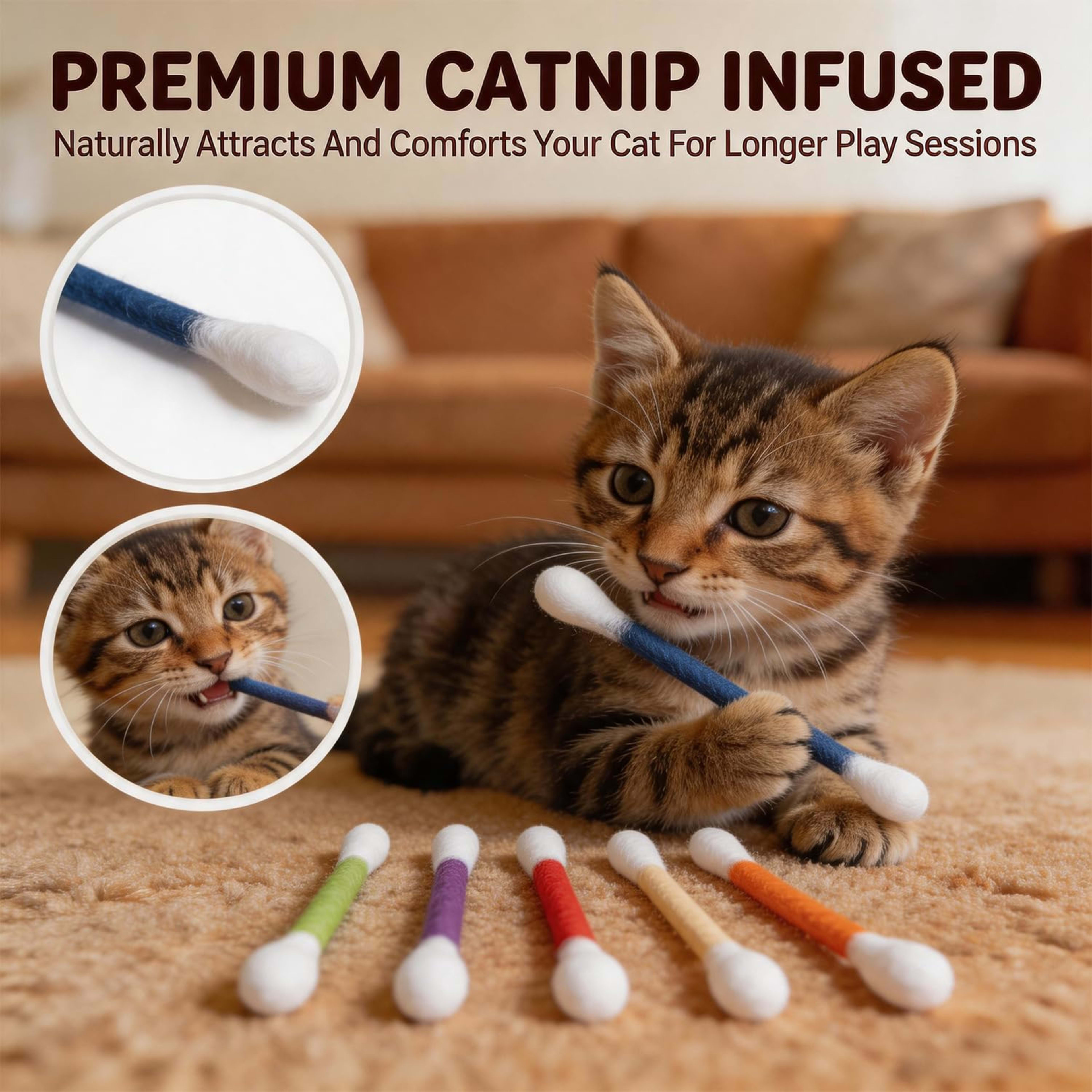 6Pack Cotton Swabs Cat Toys With Catnip, Giant Qtip Chew Sticks & Teething Ropes For Boredom Relief, Durable Interactive 4