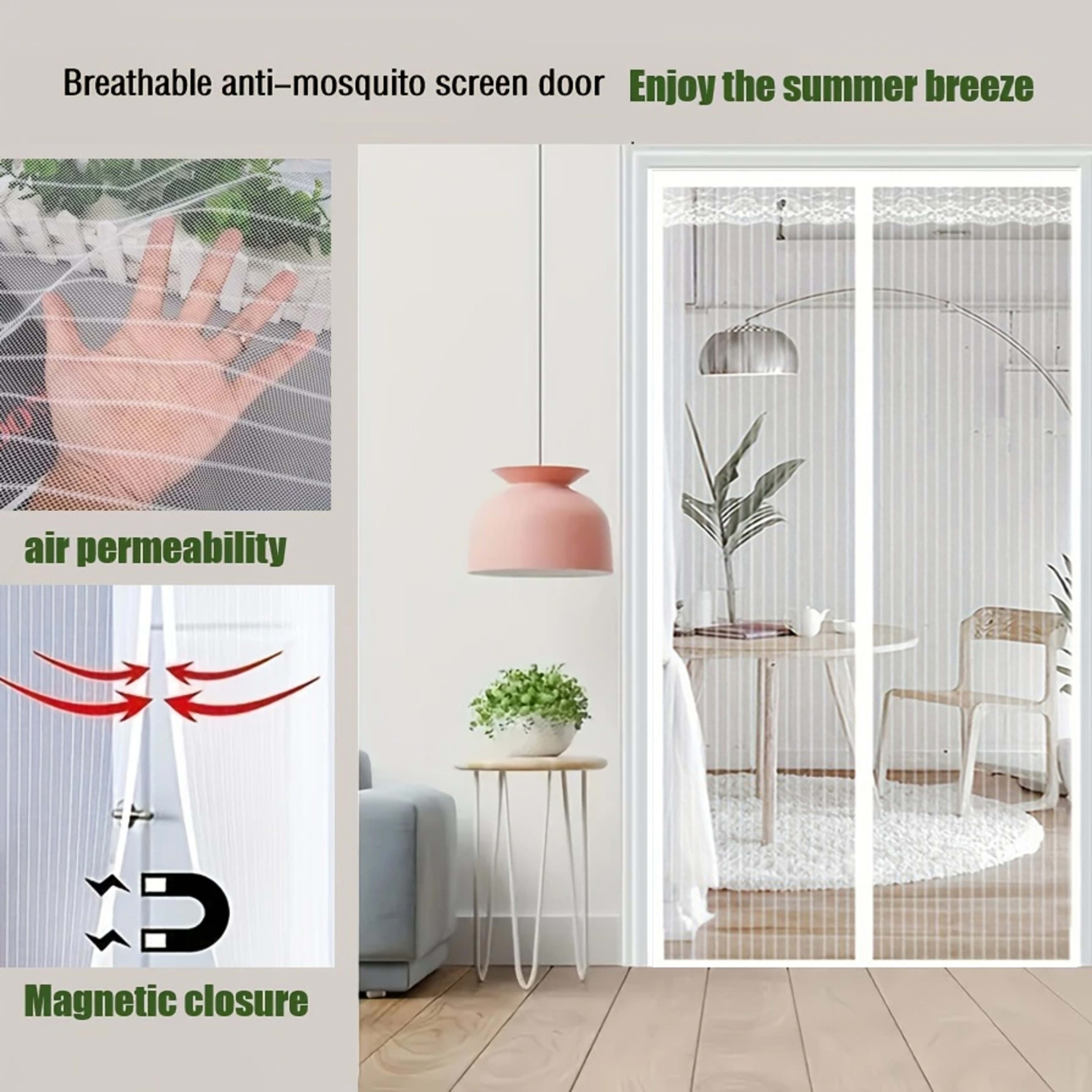 Summer Magnetic Screen Door - White Striped, Easy To Install, Strong Magnet, Automatically Closes Mosquito Net Curtain,  5