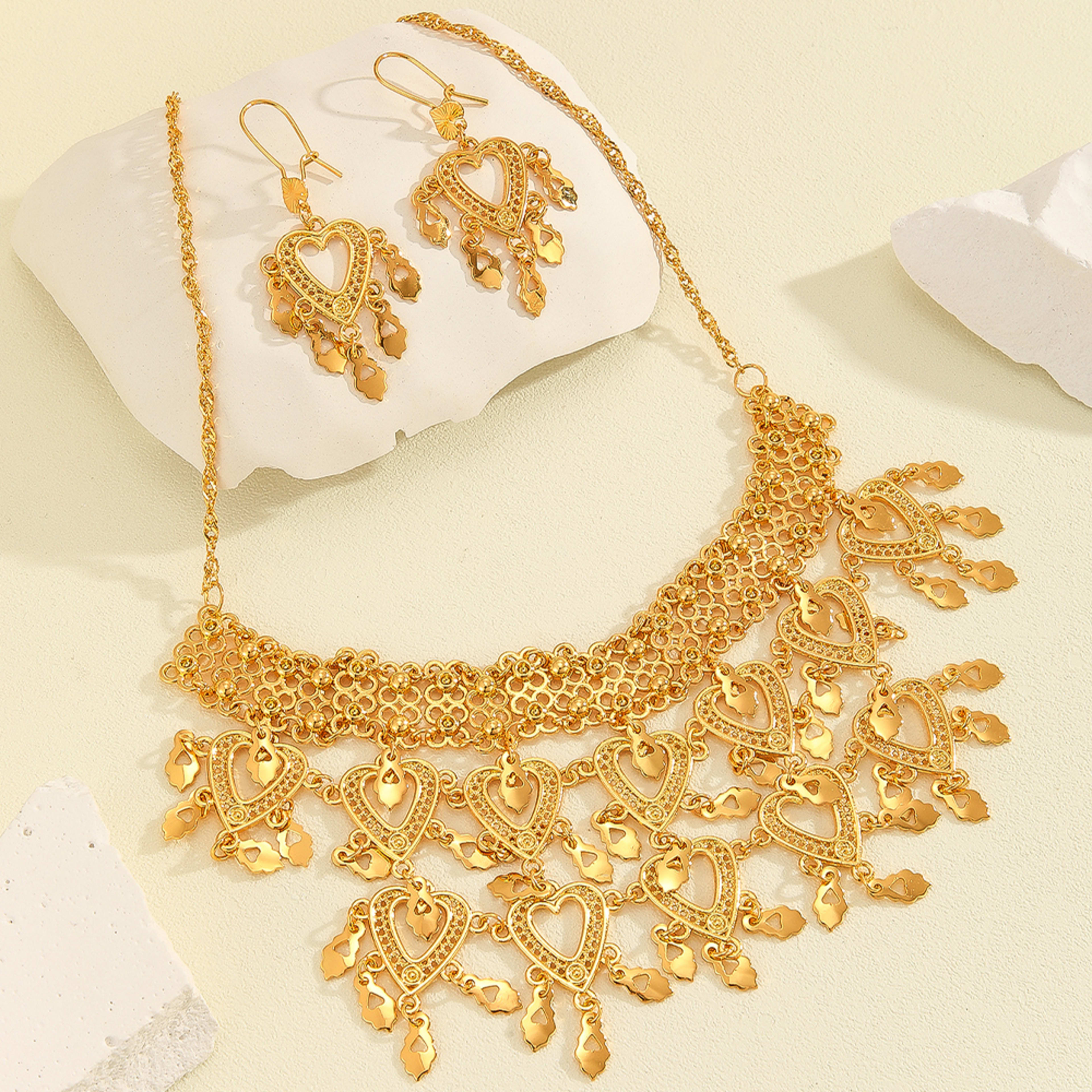 3pcs Fashionable Retro Luxury Heart-shaped Hollow Necklace Earrings Women's Set, Suitable For Party And Dance Gifts, Dai 2