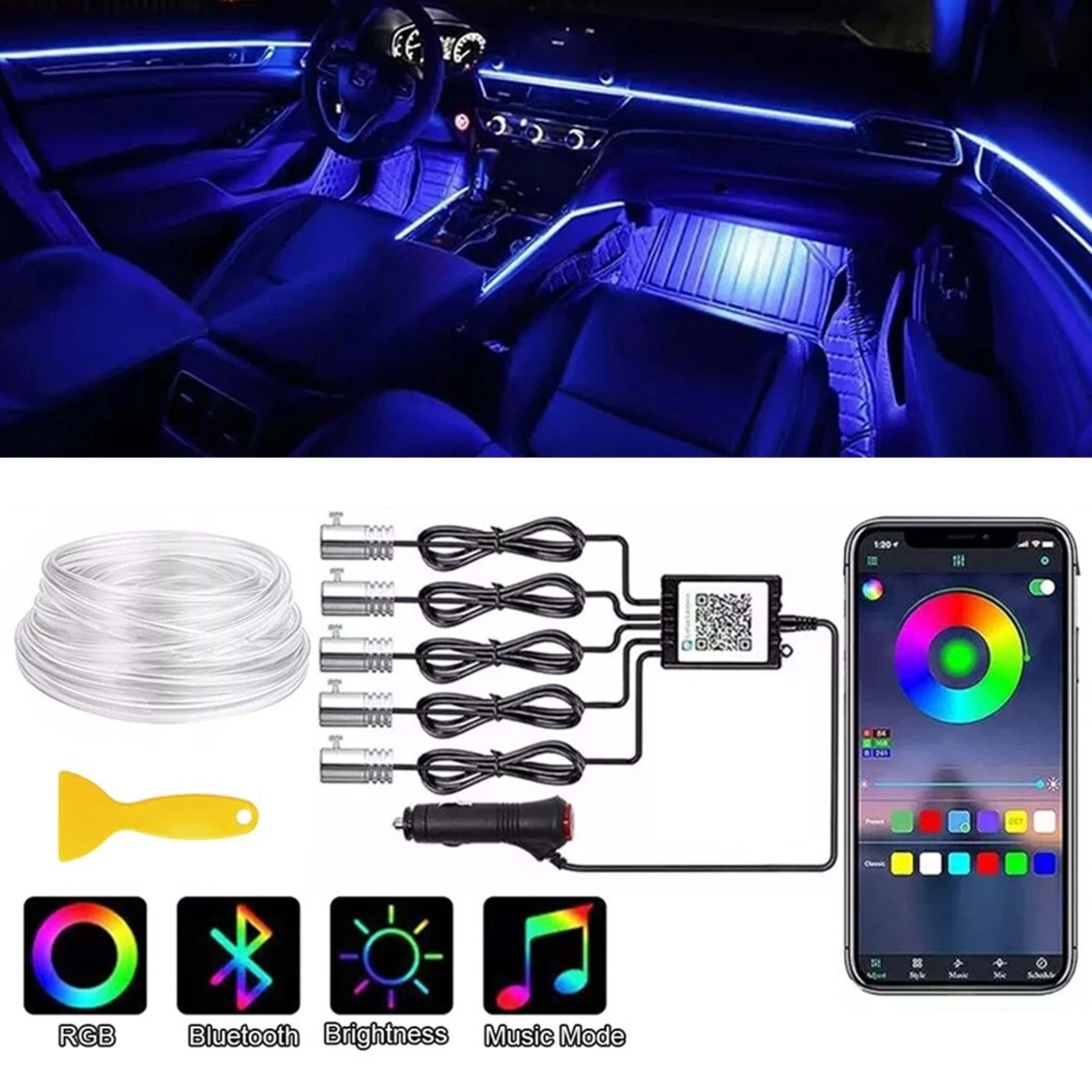 APP Control 5-In-1 RGB LED Interior Strip Light Car Ambient Atmosphere Lighting 4