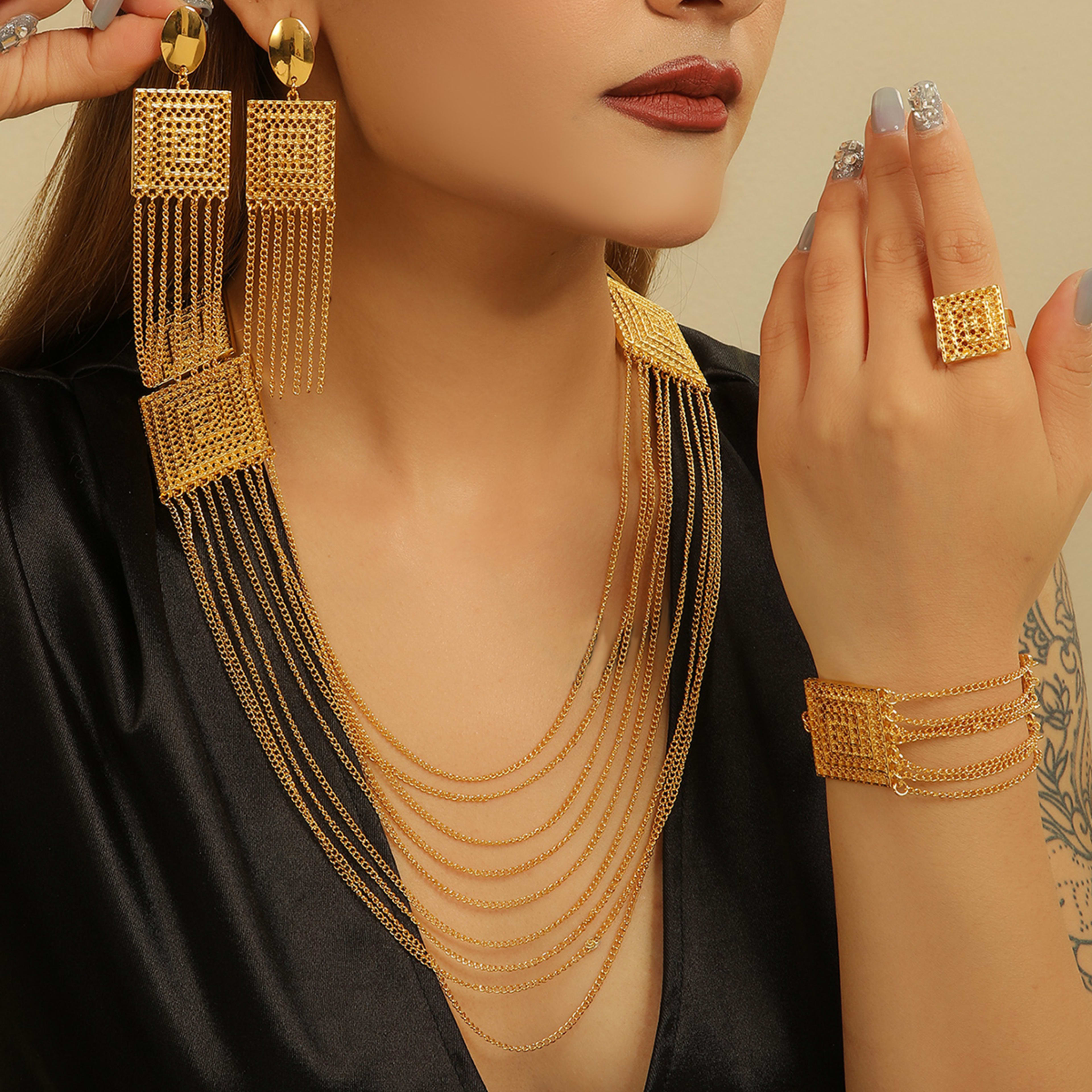 5pcs Fashion Ladies 18k Gold Plated Jewelry Set Tassel For Holiday Wear, Wedding Scene Jewelry, Multi-layered Temperamen 6