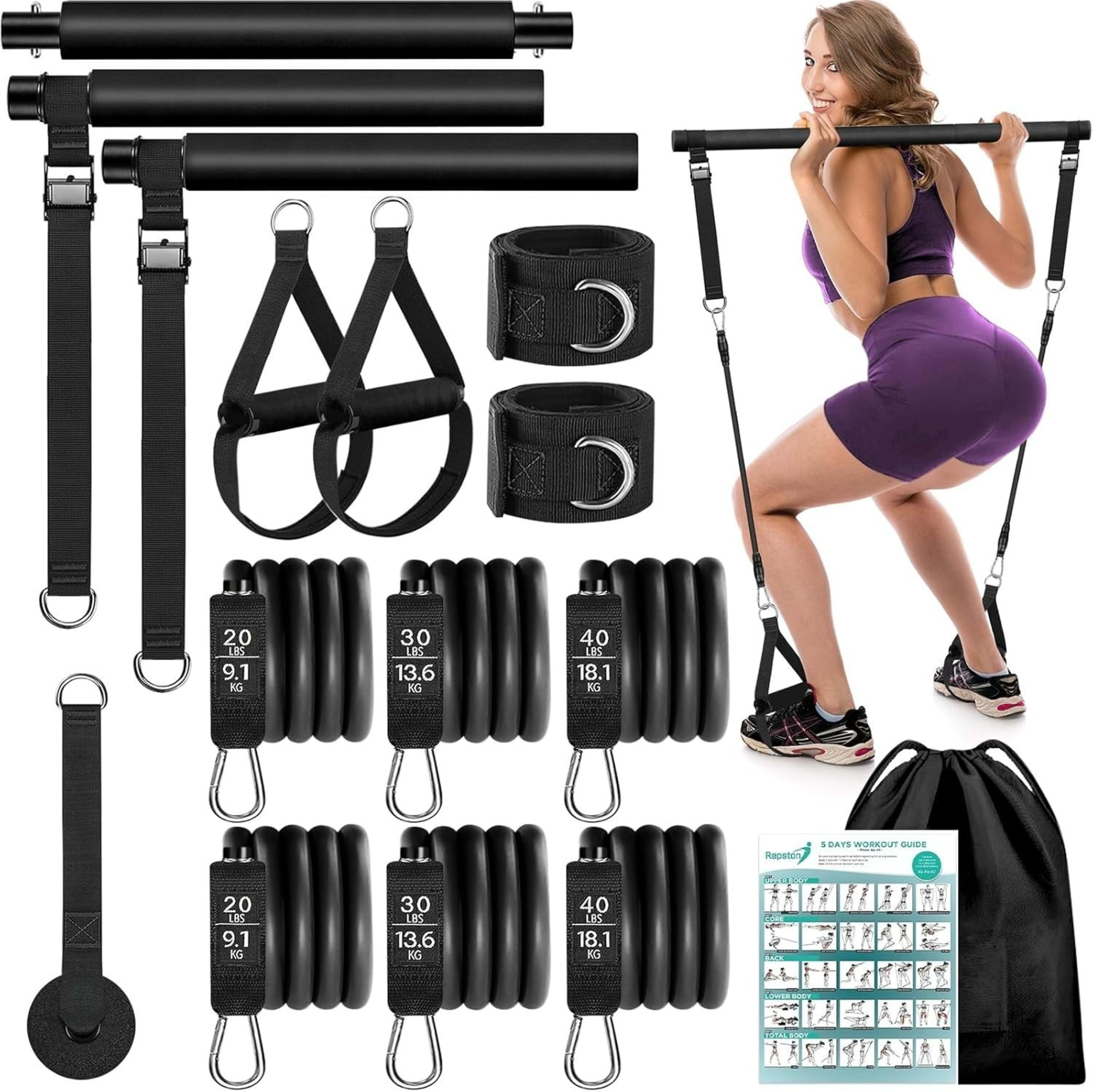 Pilates Bar Kit With 6 Resistance Bands Home Gym Fitness Training Workout Set 9