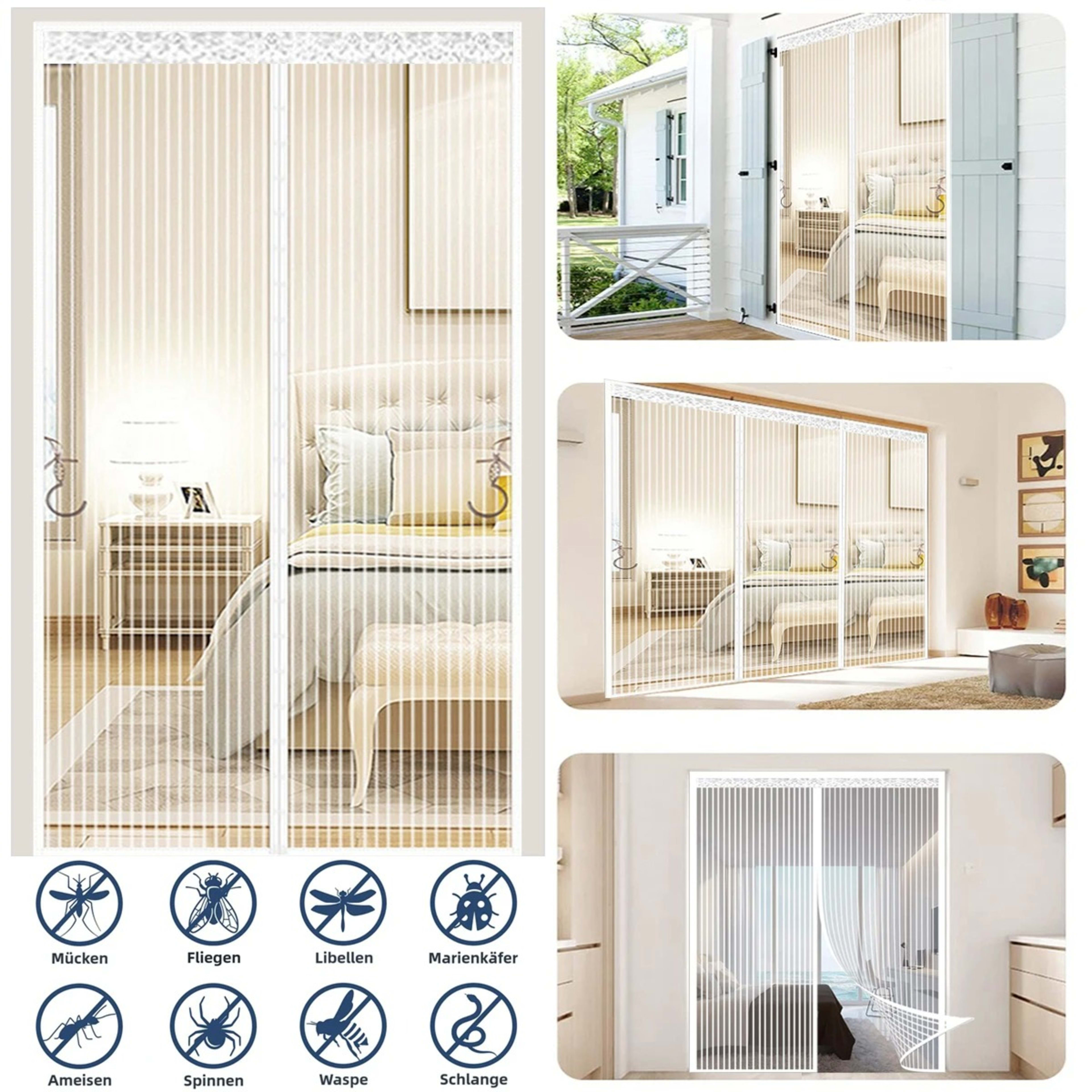 Summer Magnetic Screen Door - White Striped, Easy To Install, Strong Magnet, Automatically Closes Mosquito Net Curtain,  10