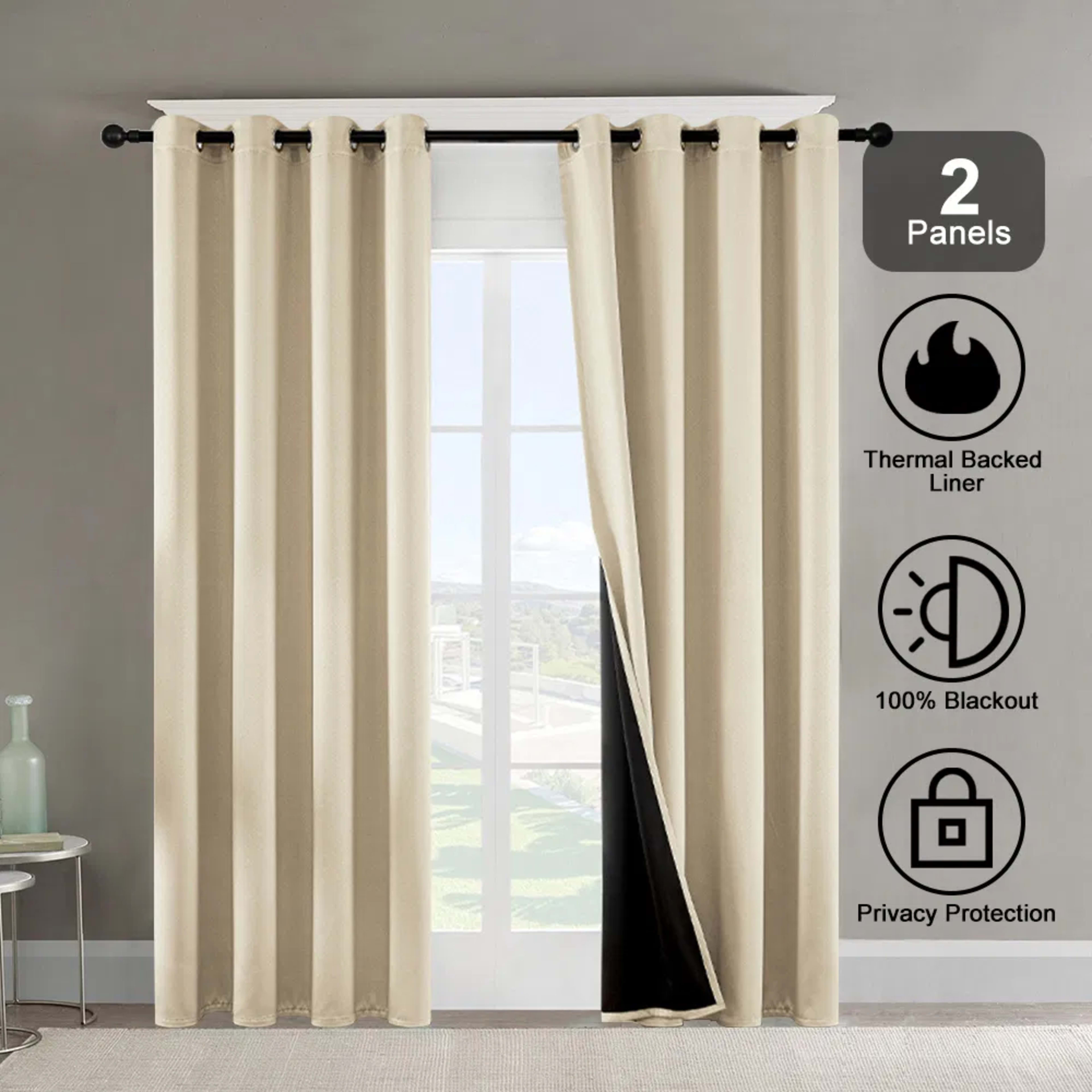 Polyester Grommets Thermal Insulated With Coated Lining 52 In. W X 84 In. L Indoor Blackout Curtains 3 Colors Available,