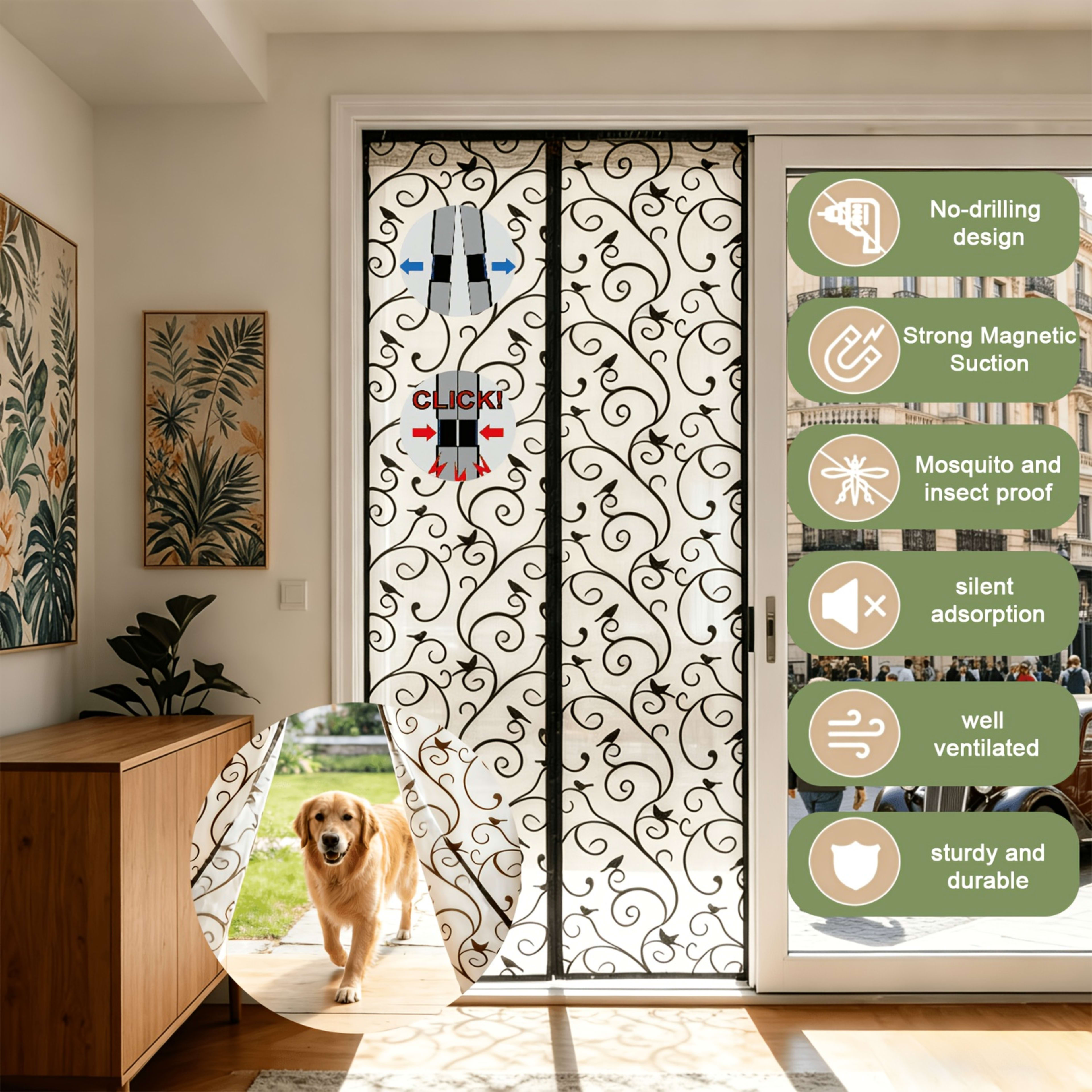 1PC Magnetic Screen Door - Made With Flocked Polyester Fibre 3D Patterned Design, Pet-friendly, Self-closing Mesh Door C 2