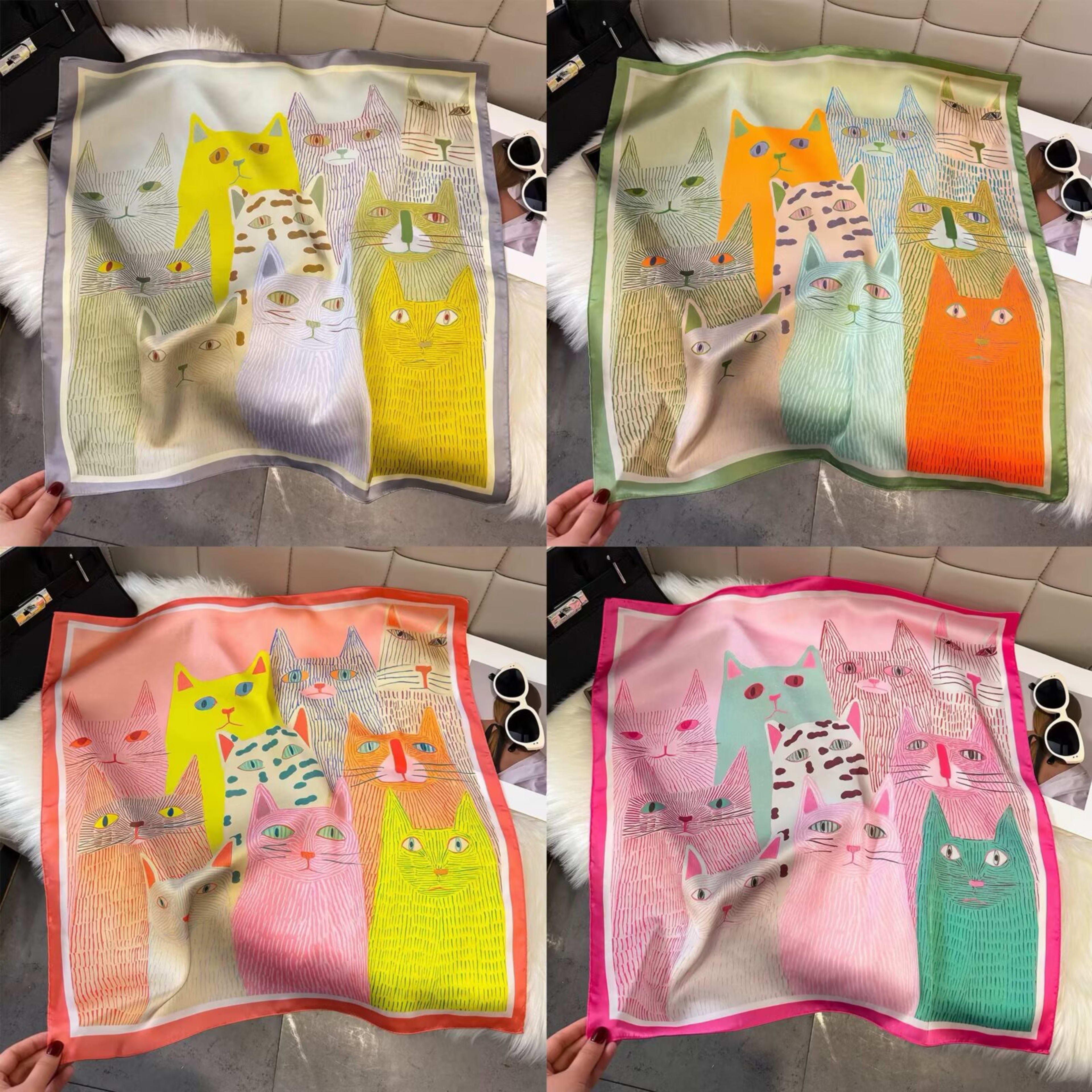 Cartoon-printed Cat Small Square Scarf With Silk Satin Surface. Cute Animal Print Decorative Headscarf. Fashionable And  1