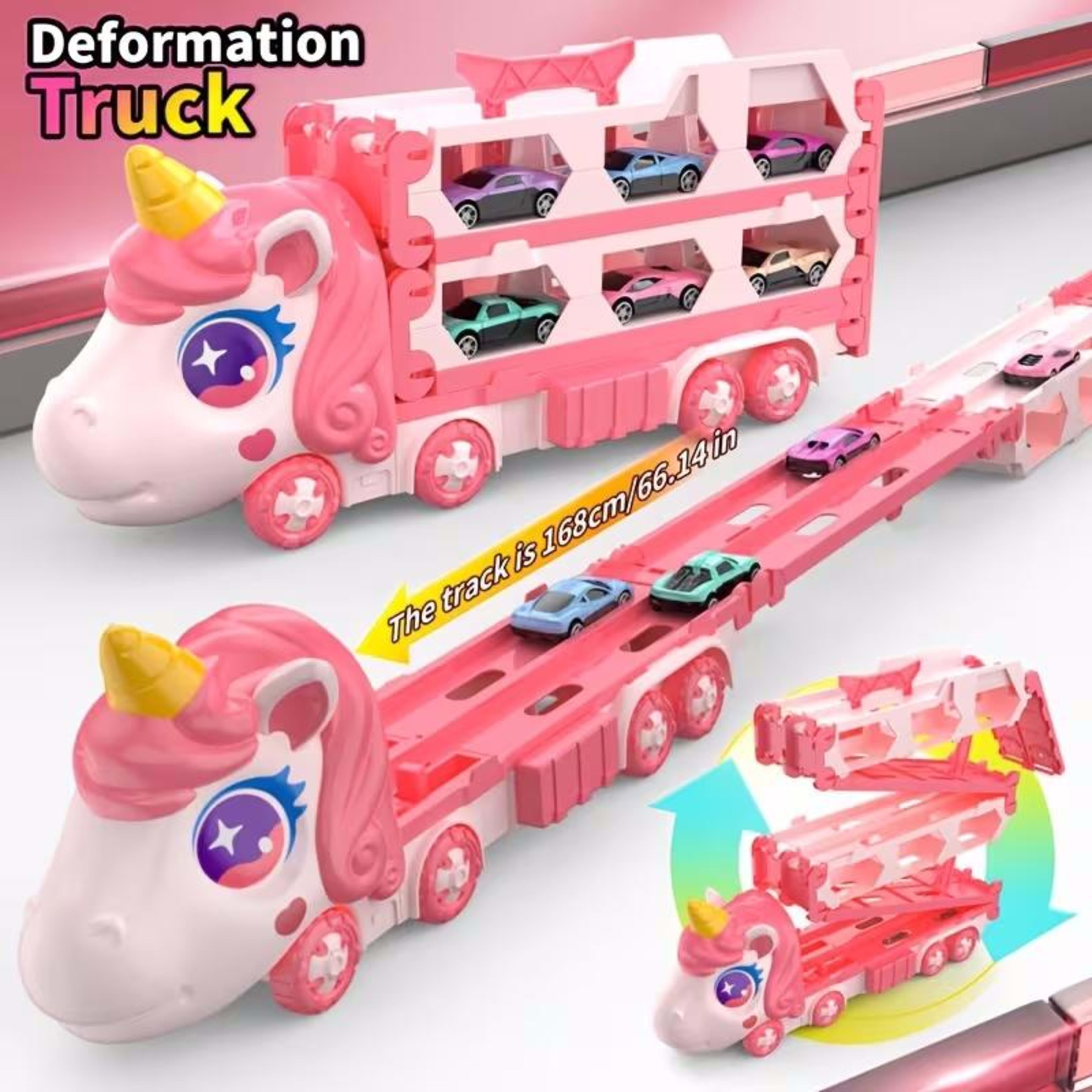Cute  Transforming Truck Toy Expandable Racetrack & Vehicle Storage Set Portable Carrier With Mini Cars Toy For Girls Ag 3