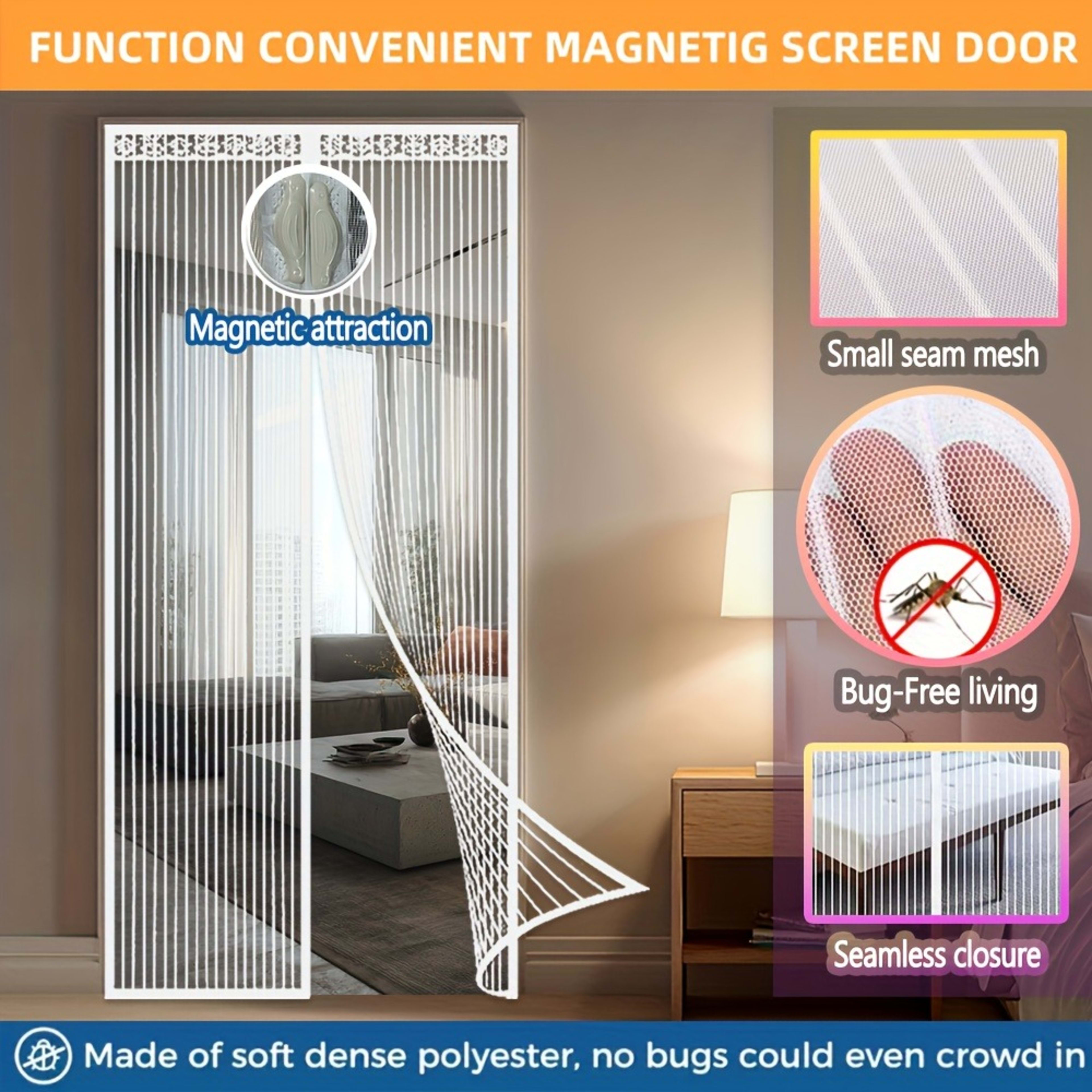 Summer Magnetic Screen Door - White Striped, Easy To Install, Strong Magnet, Automatically Closes Mosquito Net Curtain,  7