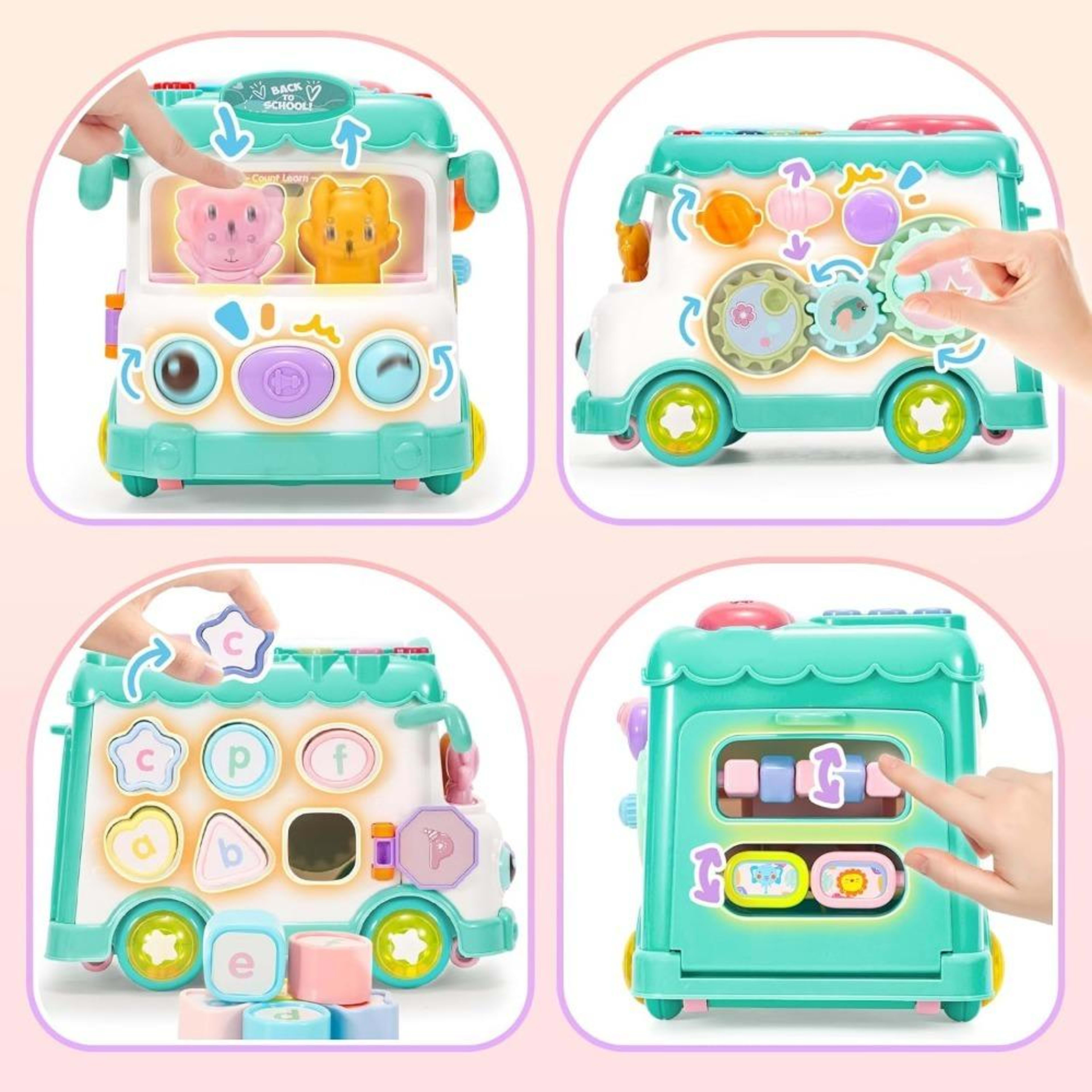 Baby Activity Bus Toy Set 6-in-1 Multifunctional Musical Learning Bus Includes Mini Car & Building Blocks Early Educatio 5