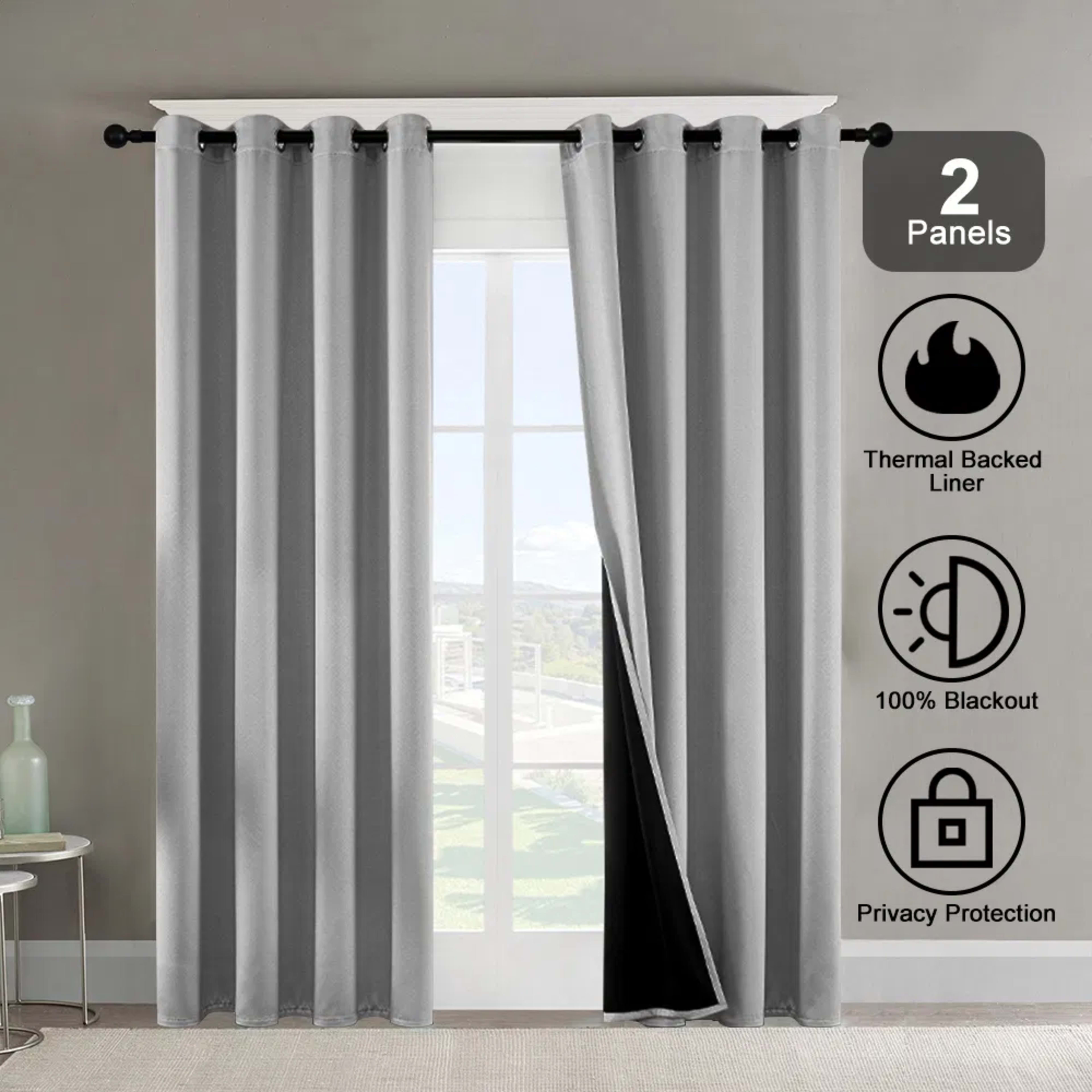 Polyester Grommets Thermal Insulated With Coated Lining 52 In. W X 84 In. L Indoor Blackout Curtains 3 Colors Available, 3
