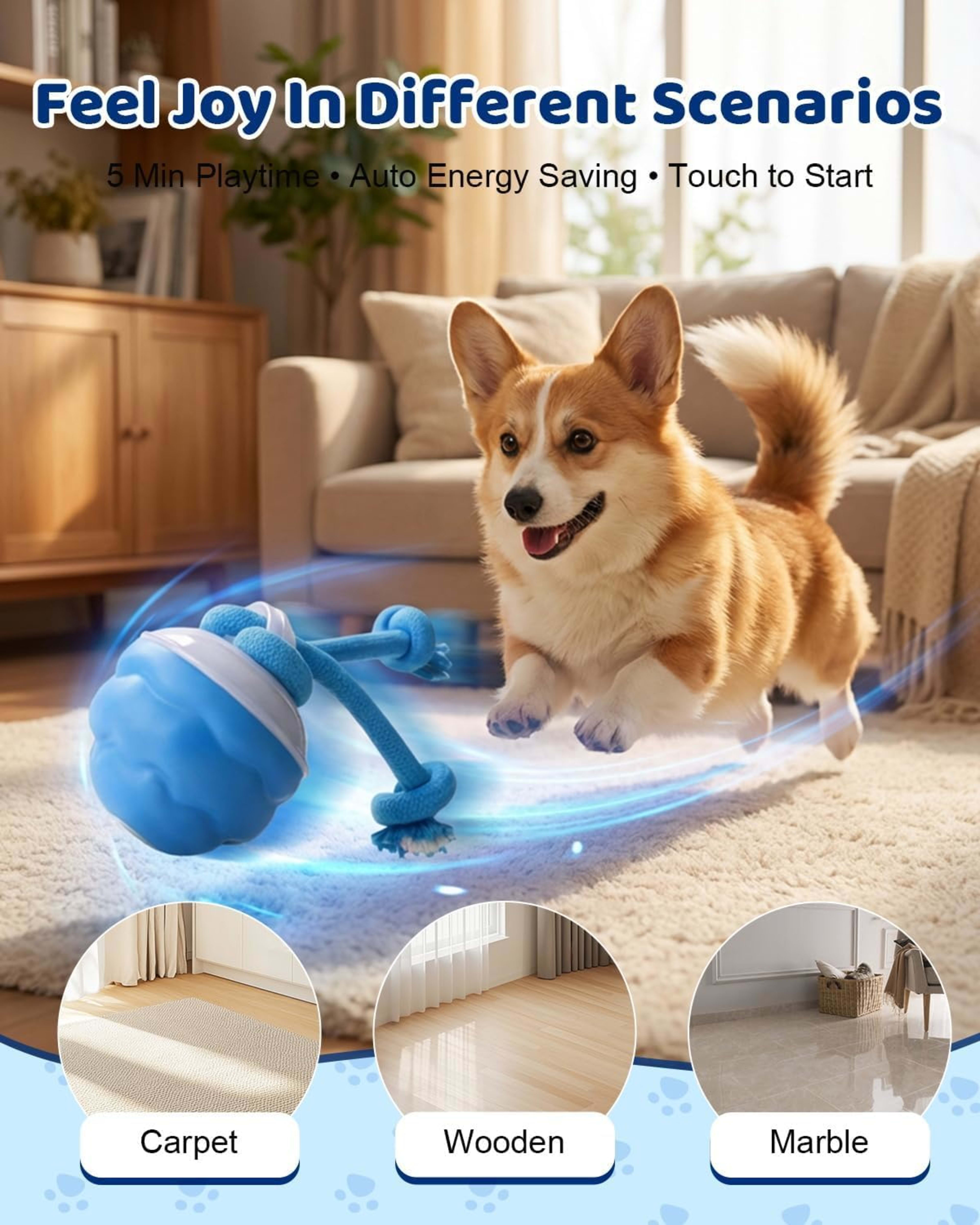 Interactive Dog Toys With Rope -Smart Dog Ball Built-in Barking Sound, Motion Activated USB-C Rechargeable Dog Toy With  3