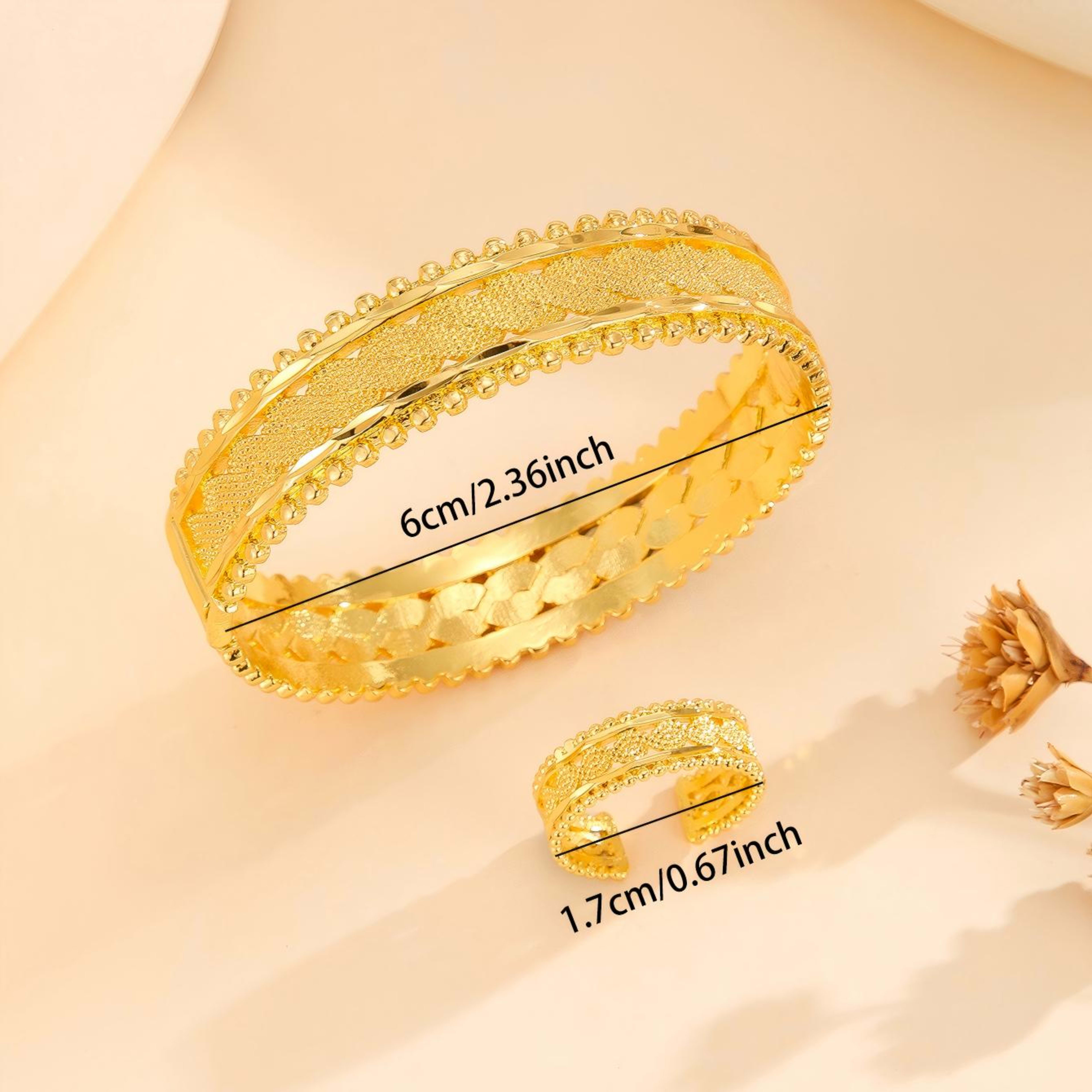 2pcs Vintage Gold Plated Bracelet, Open Bracelet Ring Jewelry, Women's Festival Wedding Jewelry Set 3