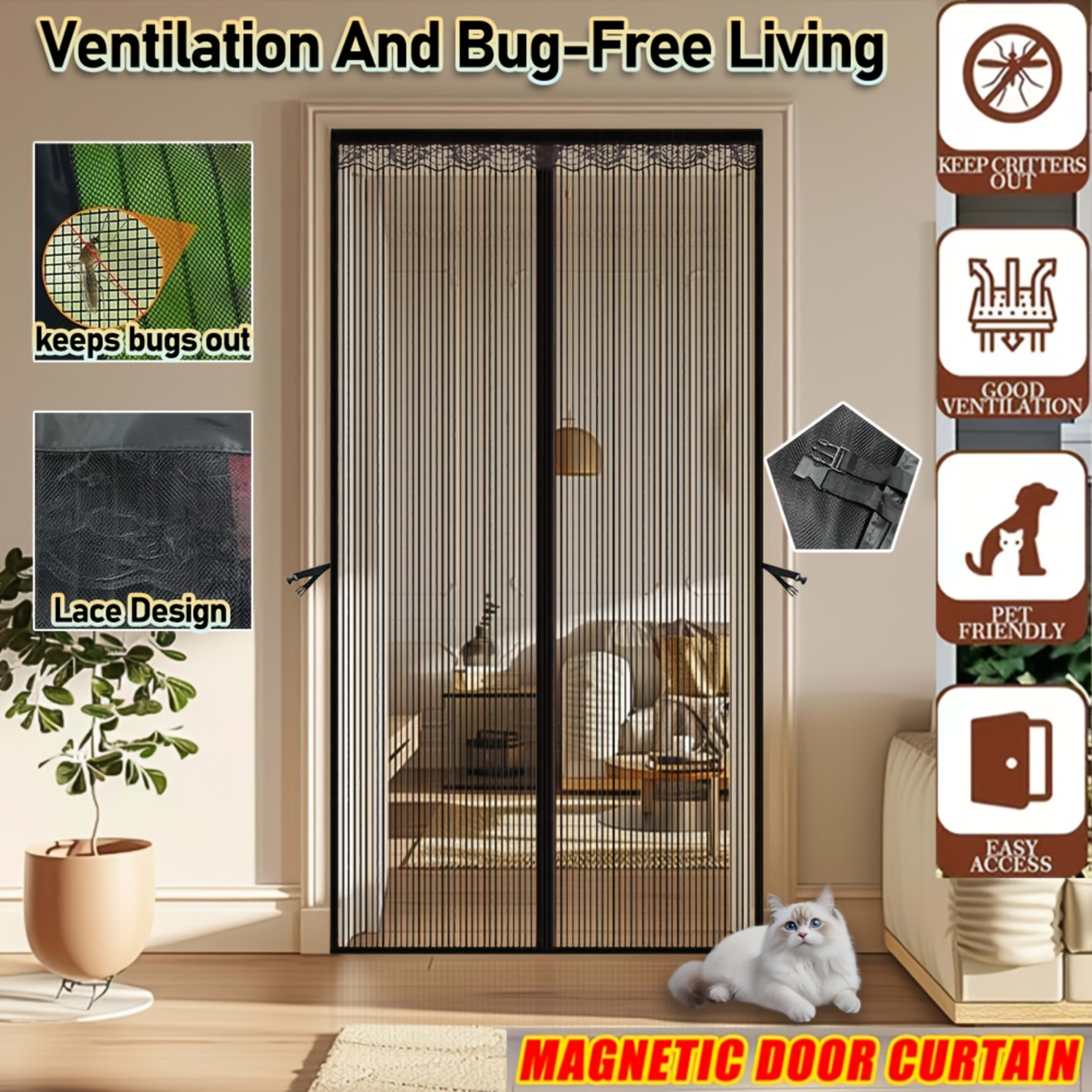 A Magnetic Mosquito-proof Door Curtain Made Of Fine Mesh Material That Effectively Keeps Mosquitoes Away. It Features A  11