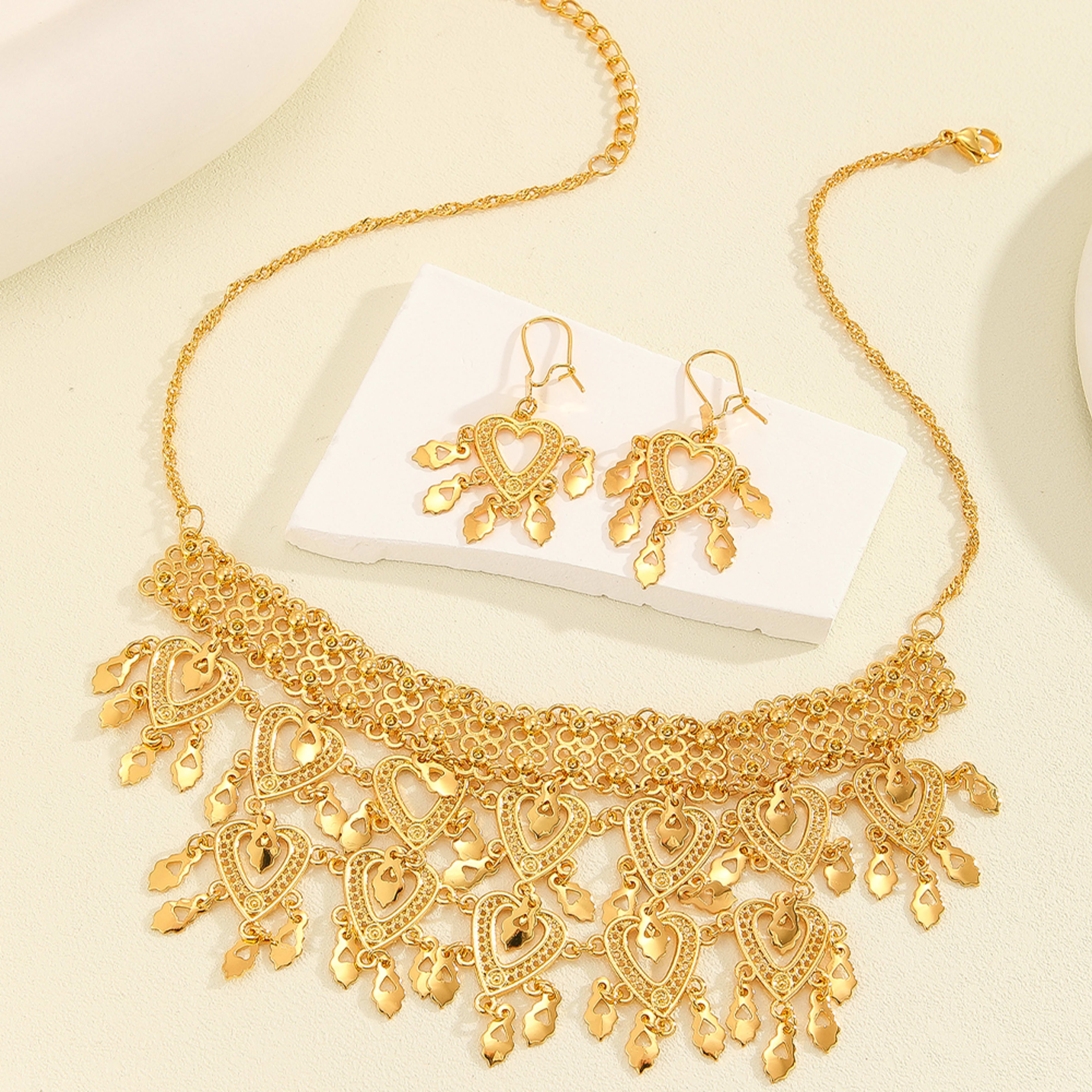 3pcs Fashionable Retro Luxury Heart-shaped Hollow Necklace Earrings Women's Set, Suitable For Party And Dance Gifts, Dai 3