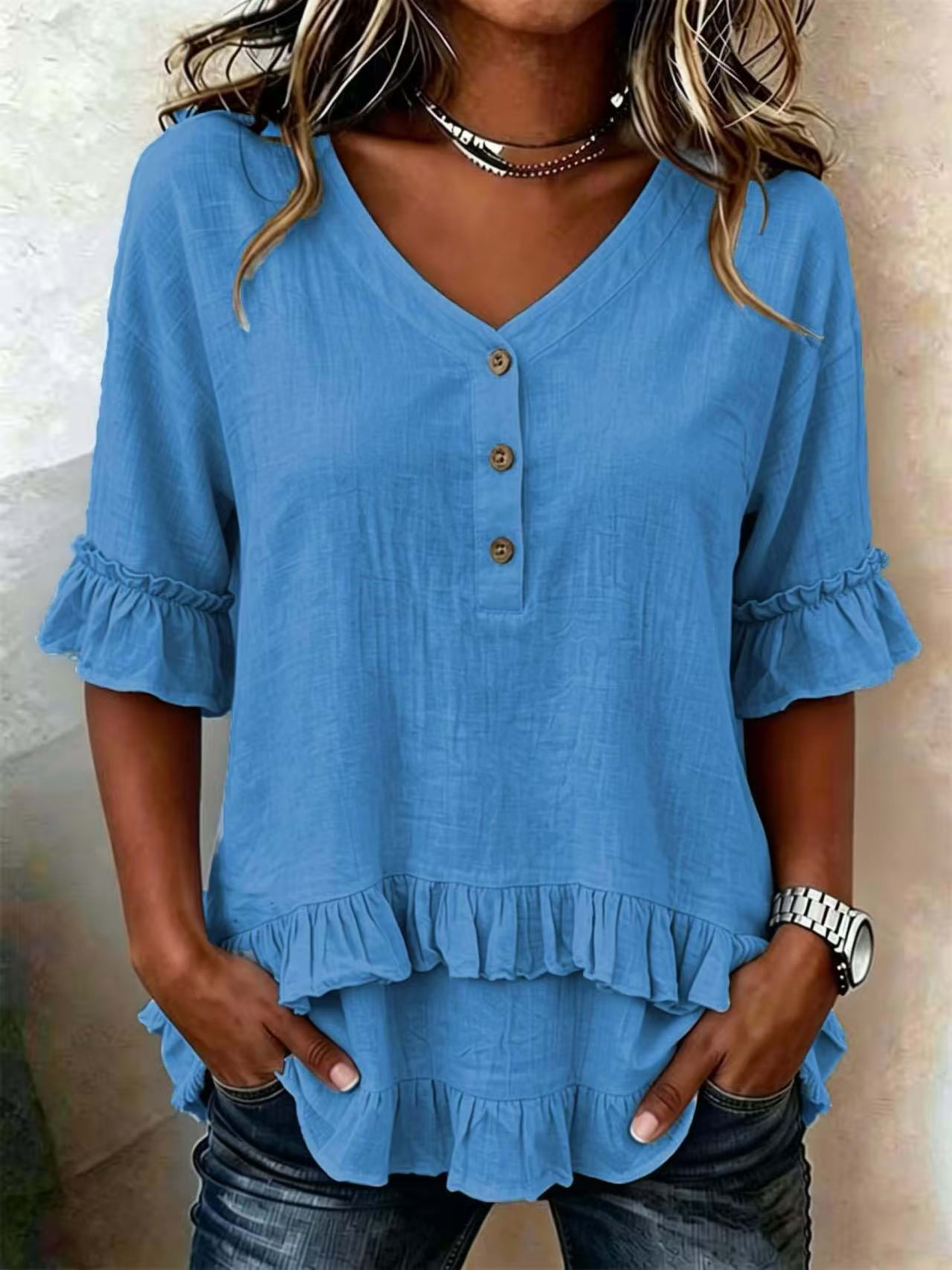 Retro V-Neck Ruffled Blouse