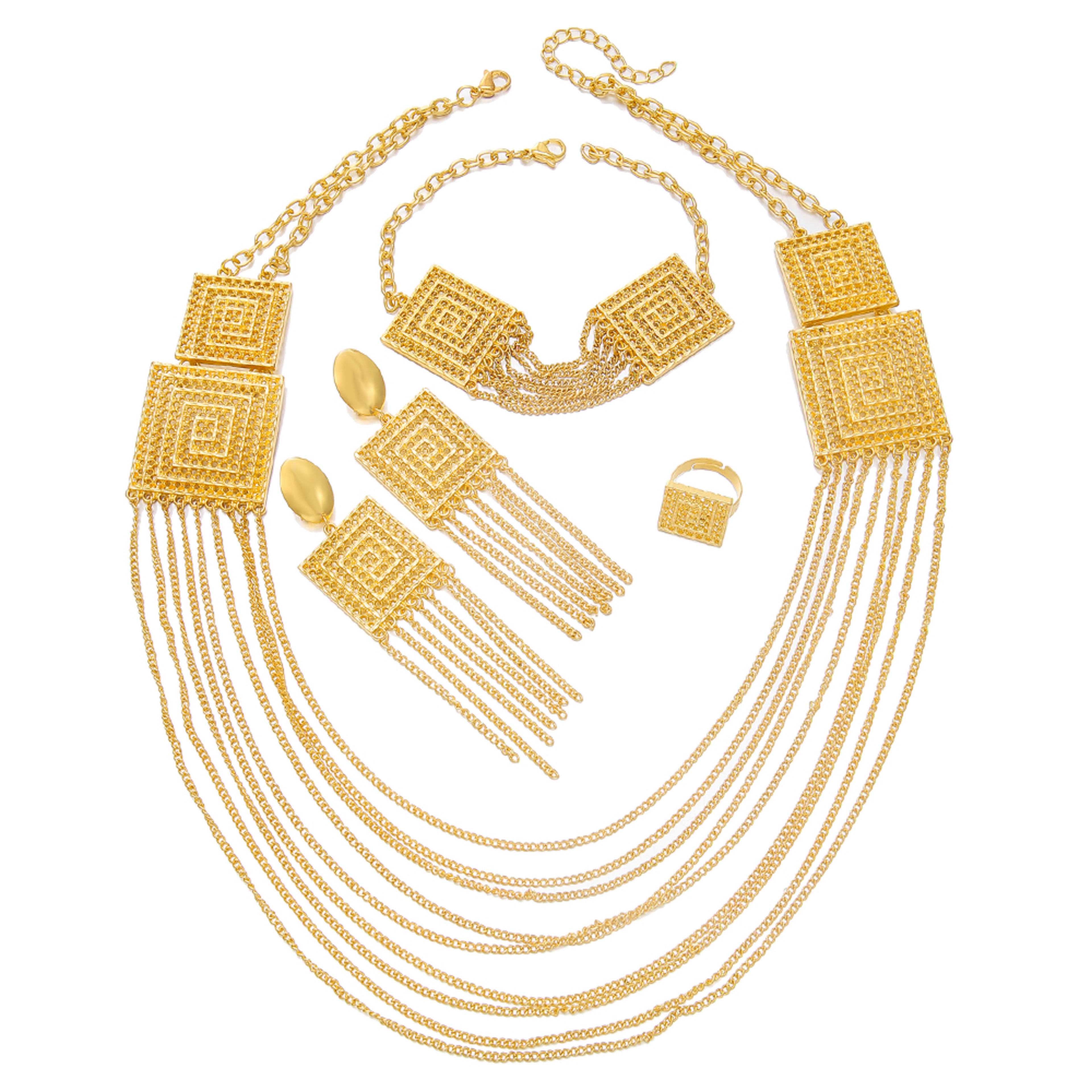 5pcs Fashion Ladies 18k Gold Plated Jewelry Set Tassel For Holiday Wear, Wedding Scene Jewelry, Multi-layered Temperamen 2