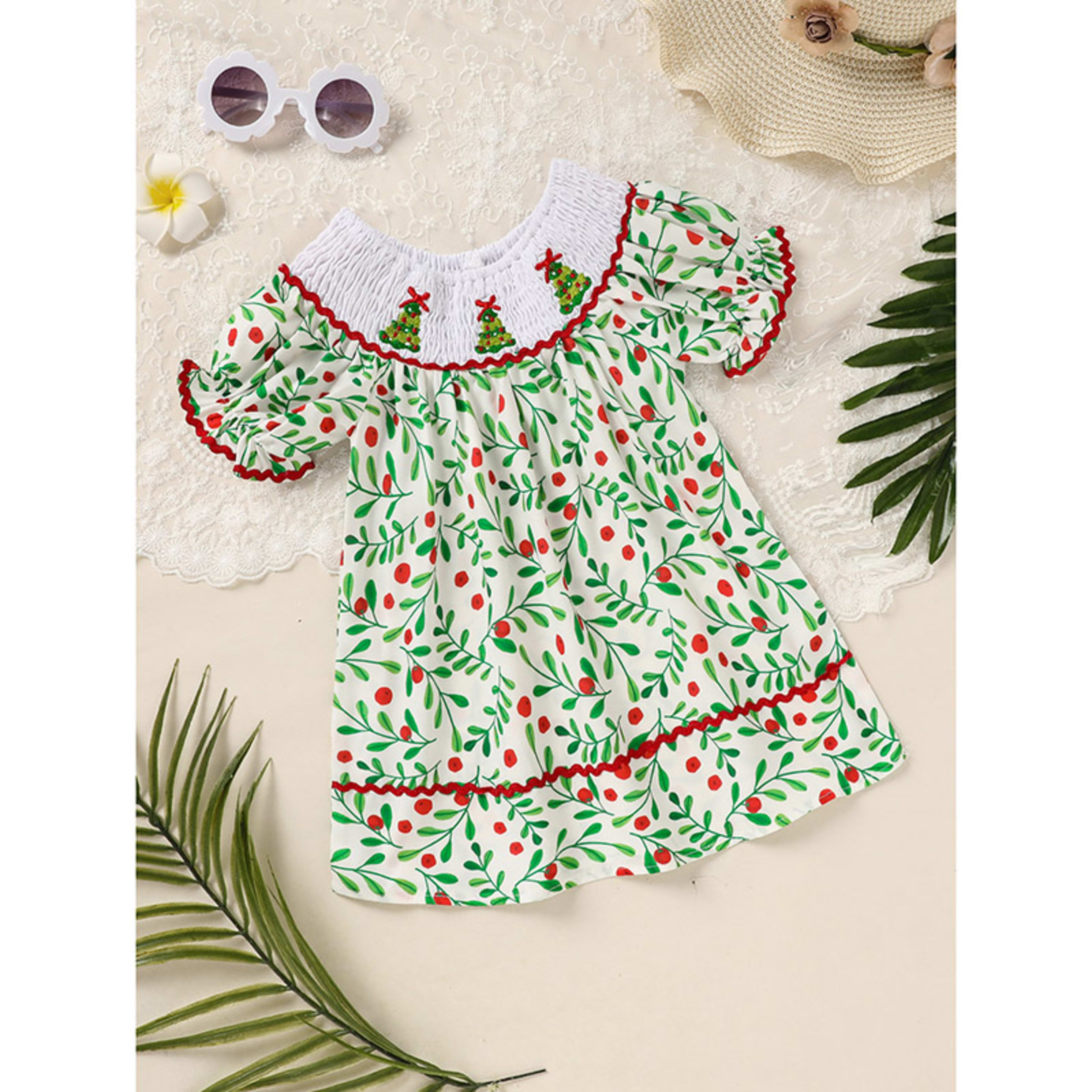 Toddler Infant Baby Girls Christmas Dress Short Sleeve Christmas Tree Embroidered Plaid Casual Party Dresses 14