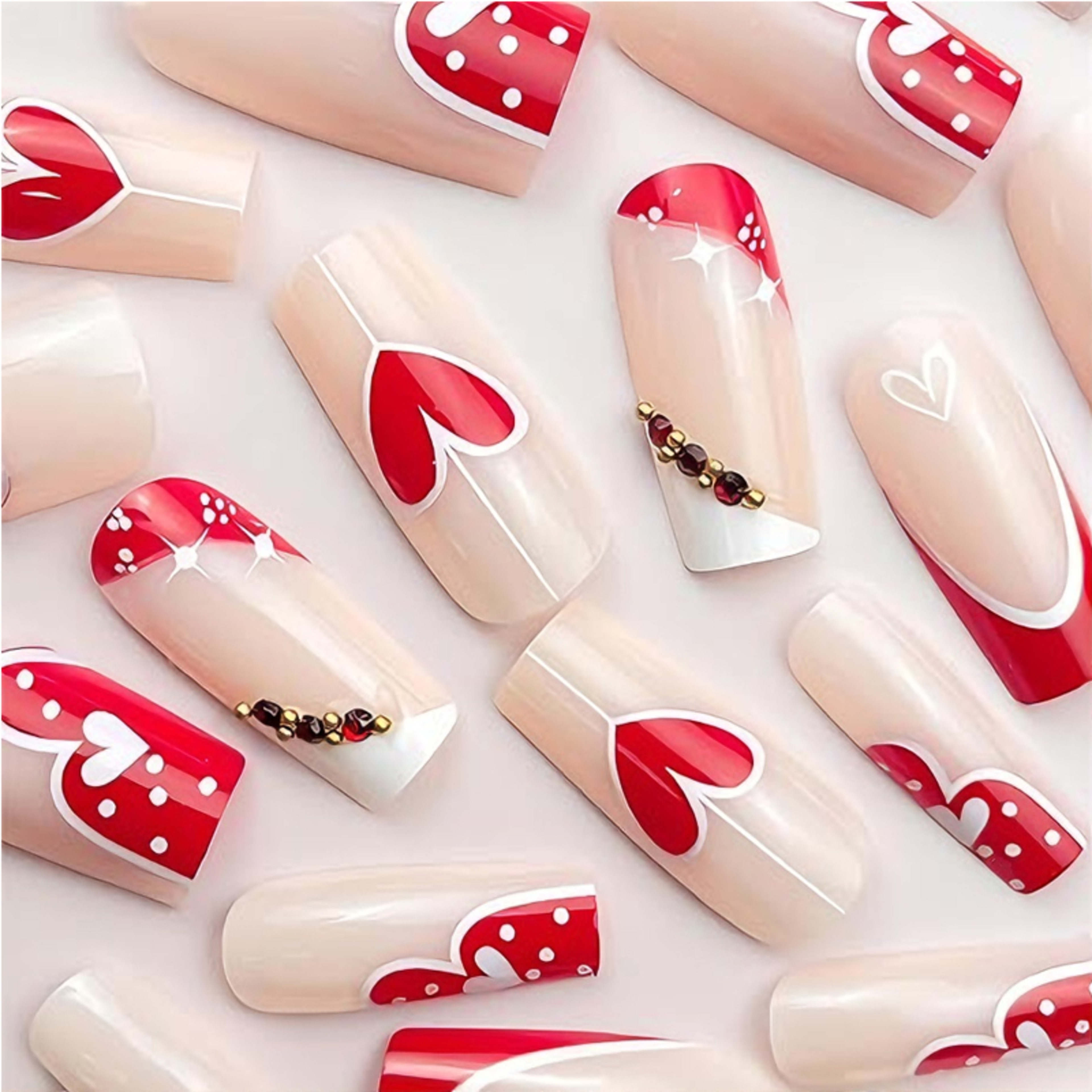 24 PCS Red And White Heart Nail Art 7