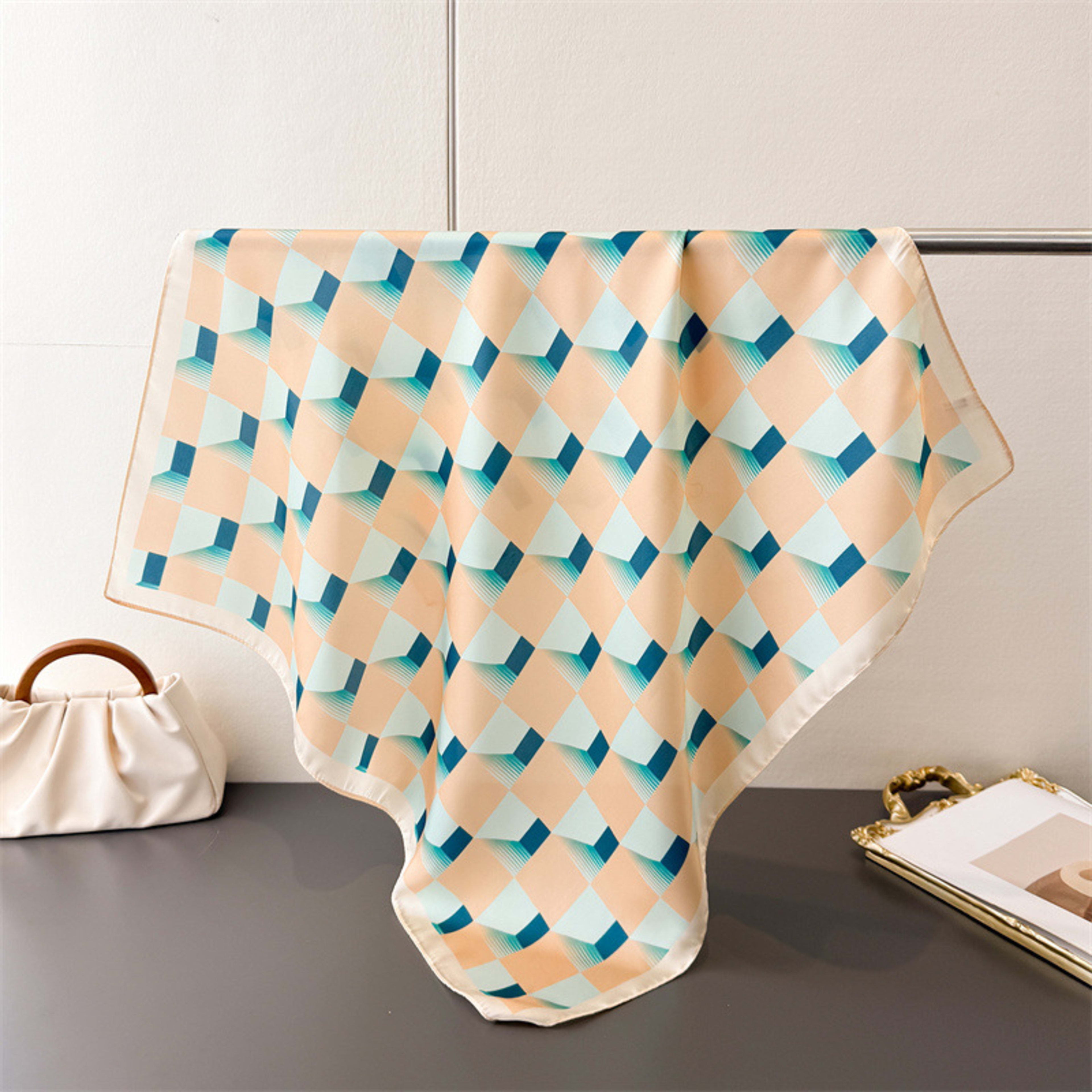 Korean-style Gentle Style Solid-checkered Wide Scarf With Multi-color Printed Fabric, Suitable For Women's Daily Wear As 3