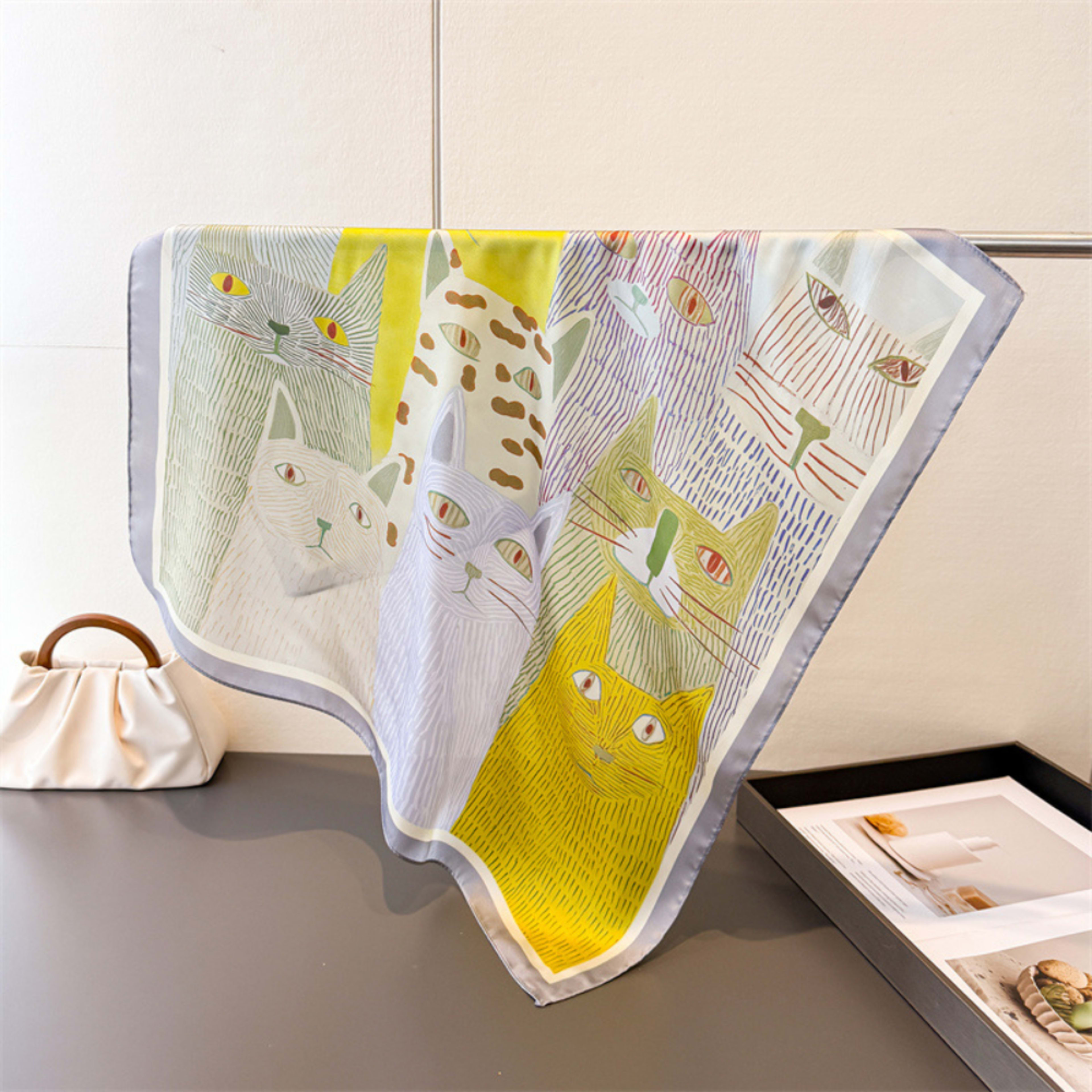Cartoon-printed Cat Small Square Scarf With Silk Satin Surface. Cute Animal Print Decorative Headscarf. Fashionable And 