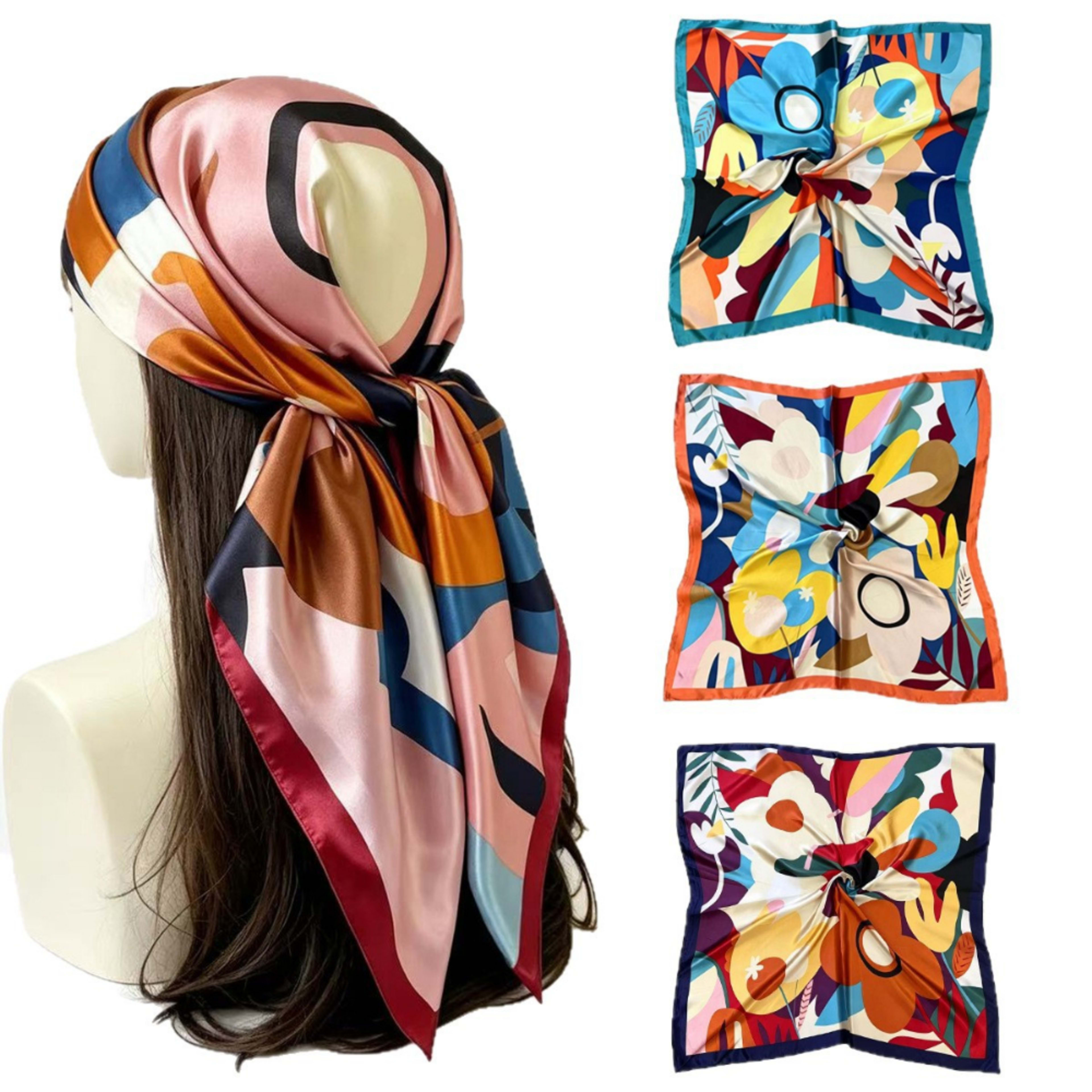 Abstract Floral Imitation Satin Square Scarf, Retro Decorative Scarf, Fashionable And Versatile Summer Lightweight Heads 1