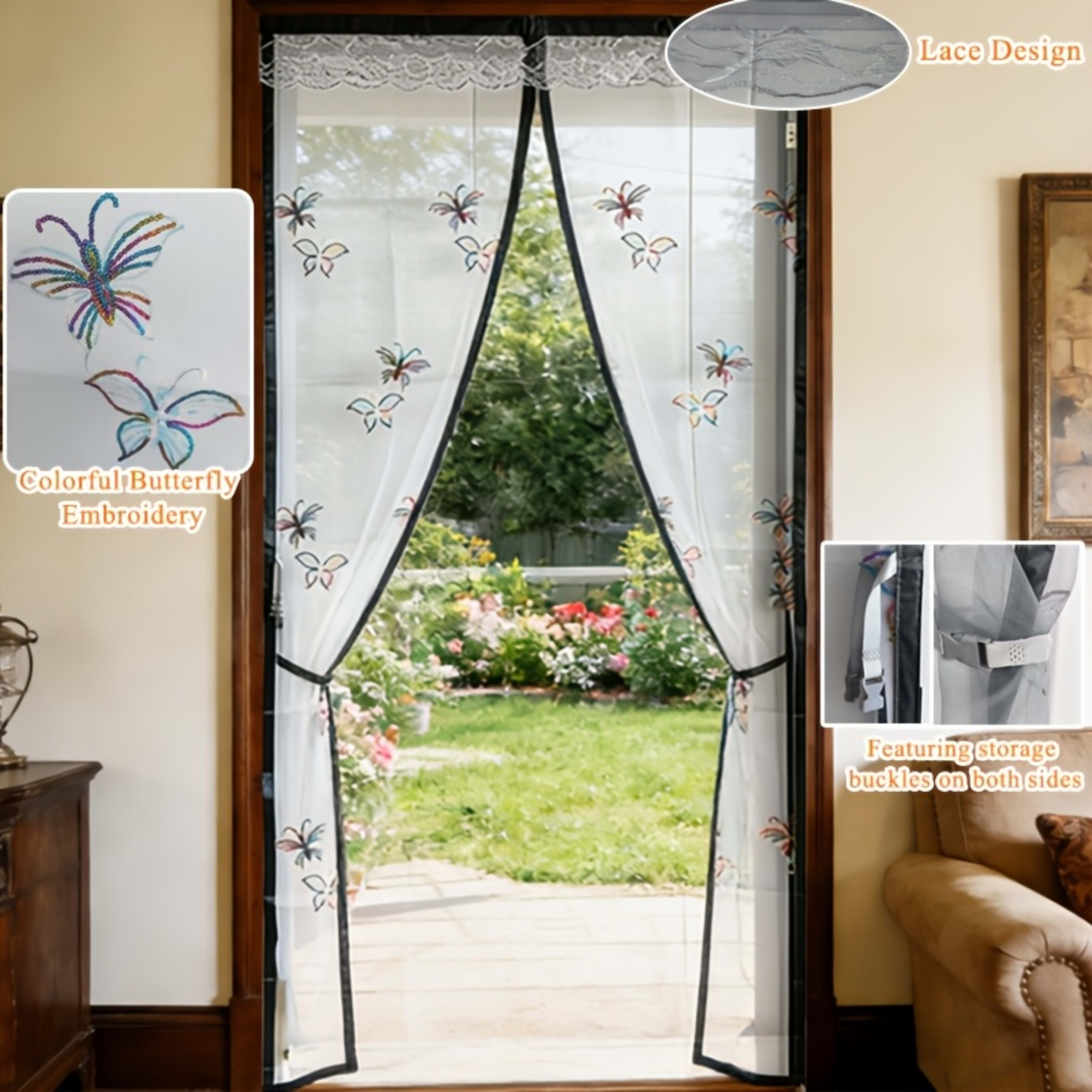 Durable Mosquito Mesh Door, Butterfly Embroidery, Magnetic Auto-Close, Thick Net, Self-Adhesive, Easy Install, Bedroom,  13