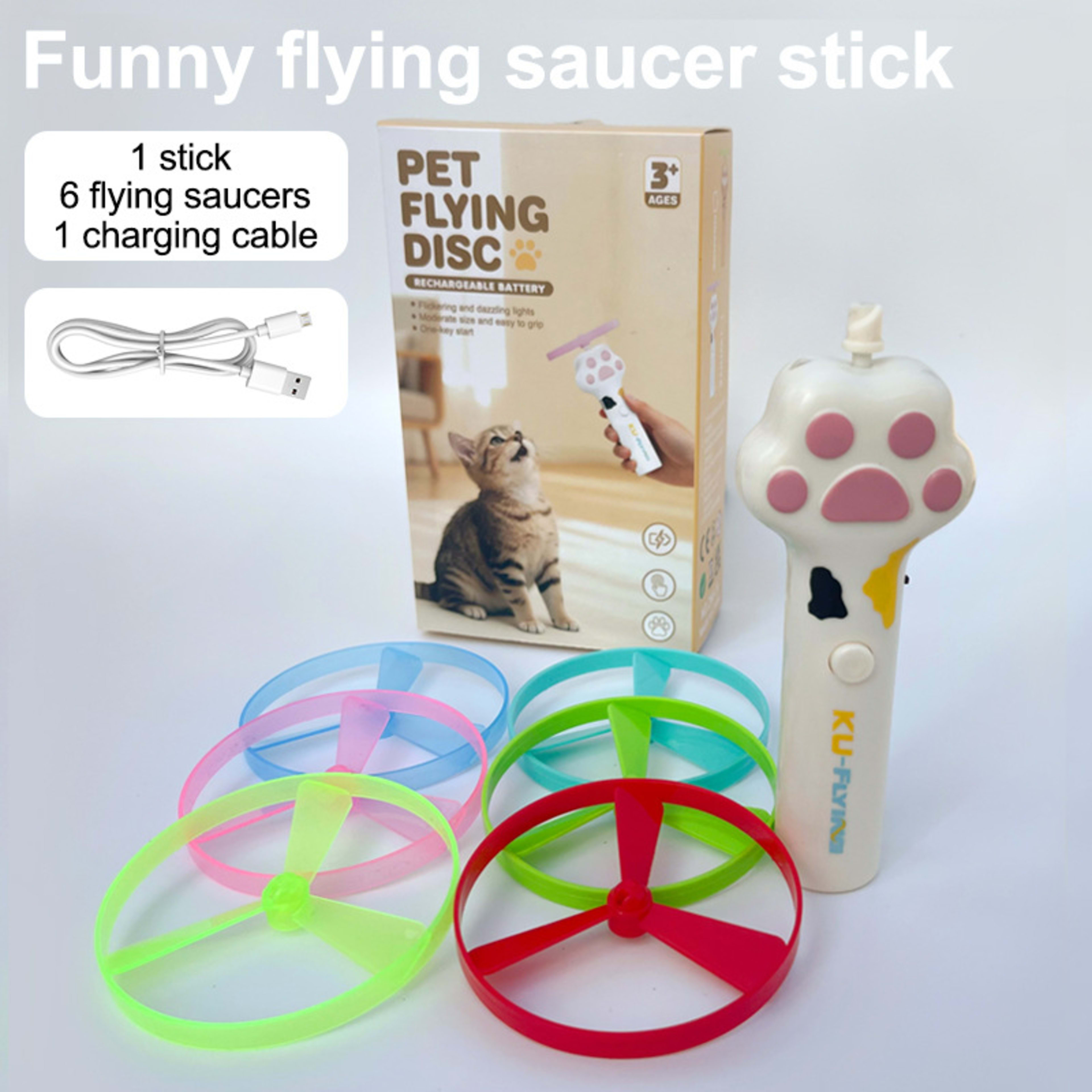 Cat Fetch Toy Launcher,Flying Disc Launcher Toy Rechargeable With 6 Flying Discs,Flying Cat Toy Disc Launcher For Kitten