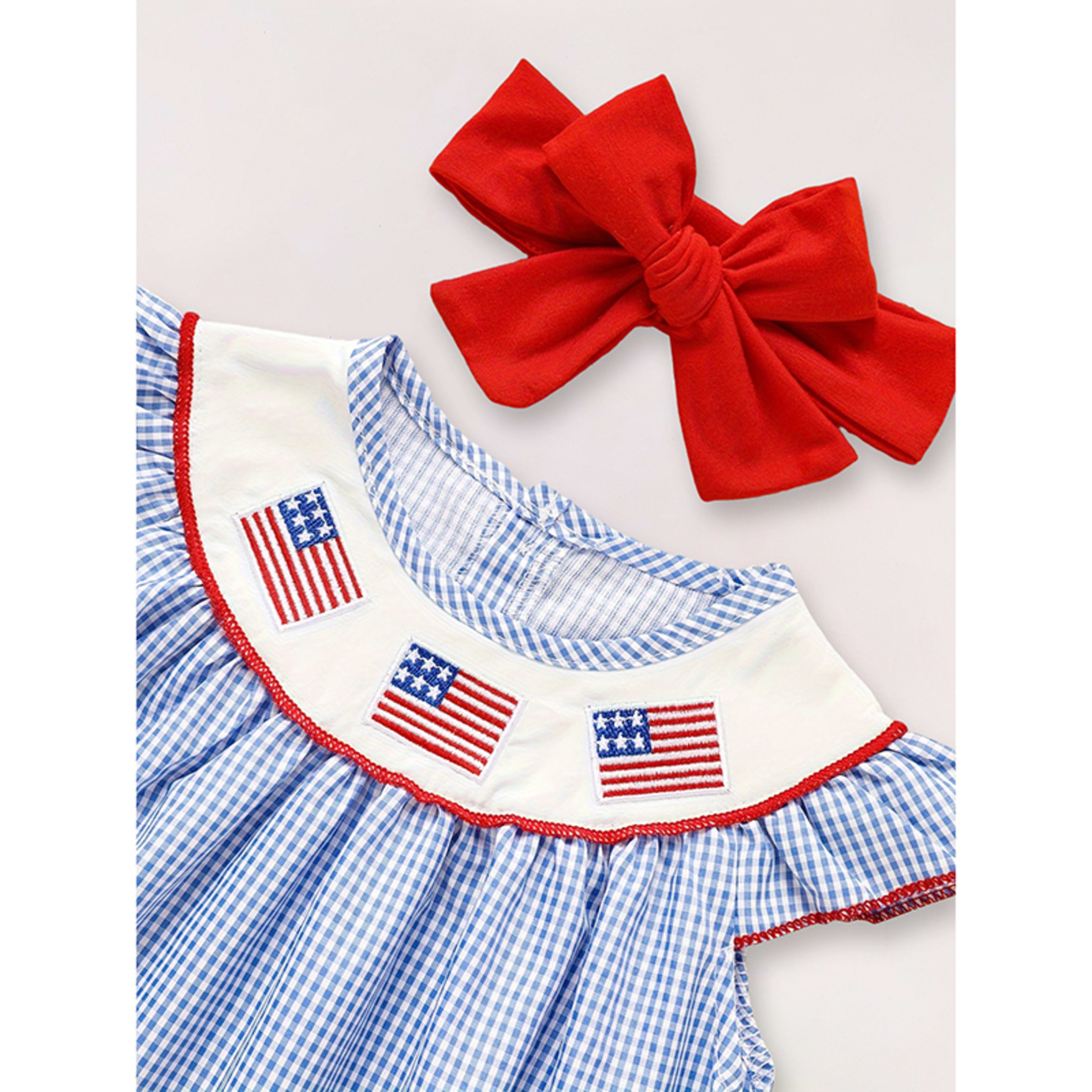 Baby Girls 4th Of July Dress Gingham American Flag White Blue Color Block Independence Day Dresses 4